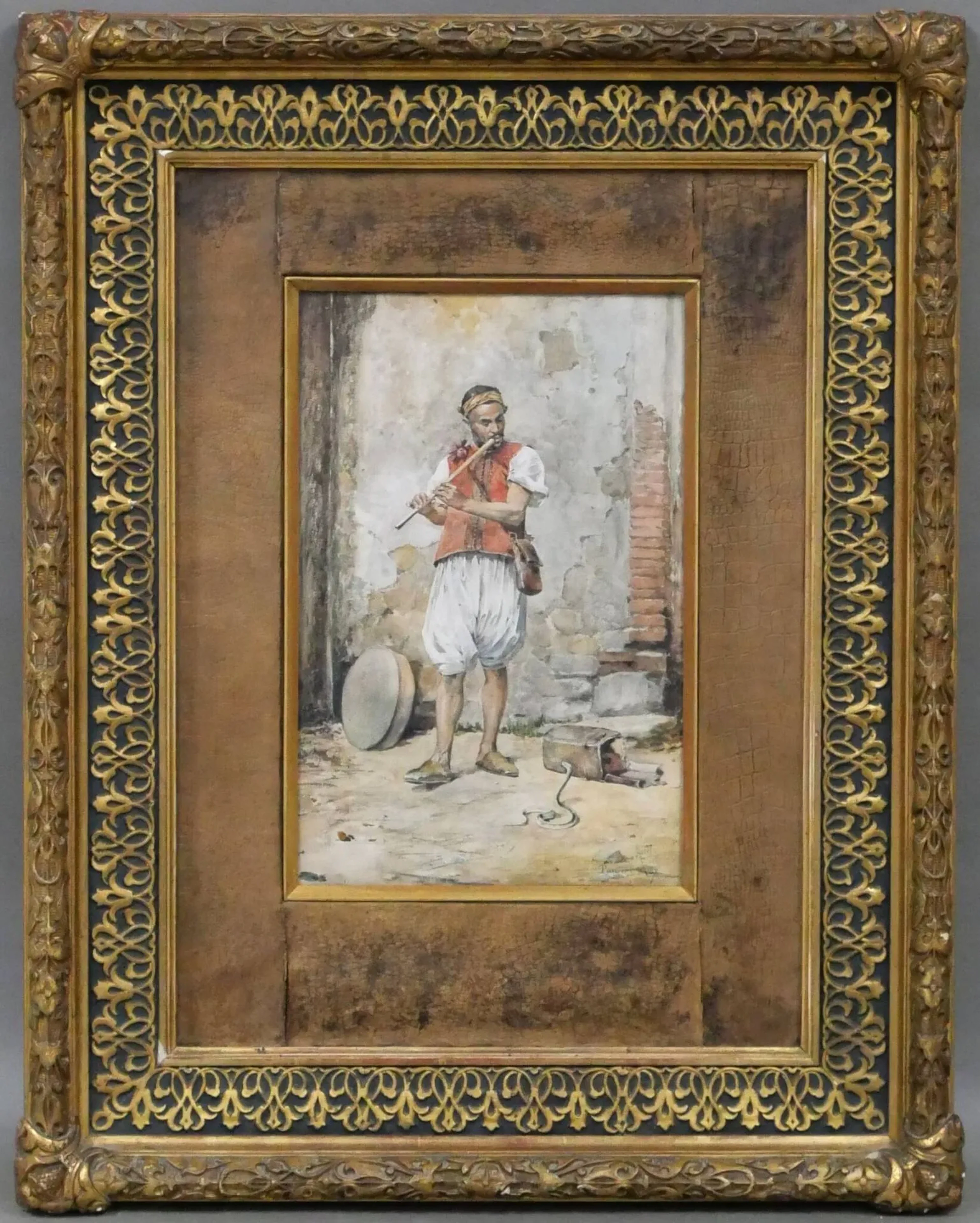 ARCOS Y MEGALDE Santiago, 1865-1912, Charmeur de serpents, Tanger, 1887, aquarelle gouachée, signée, située et datée en bas à droite, 33x21,5 cm à vue.