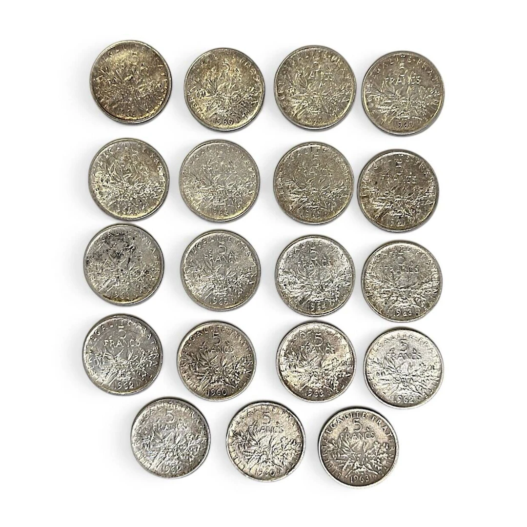 Set of 19 silver 5-franc "Semeuse" coins (835). - Lot 28
