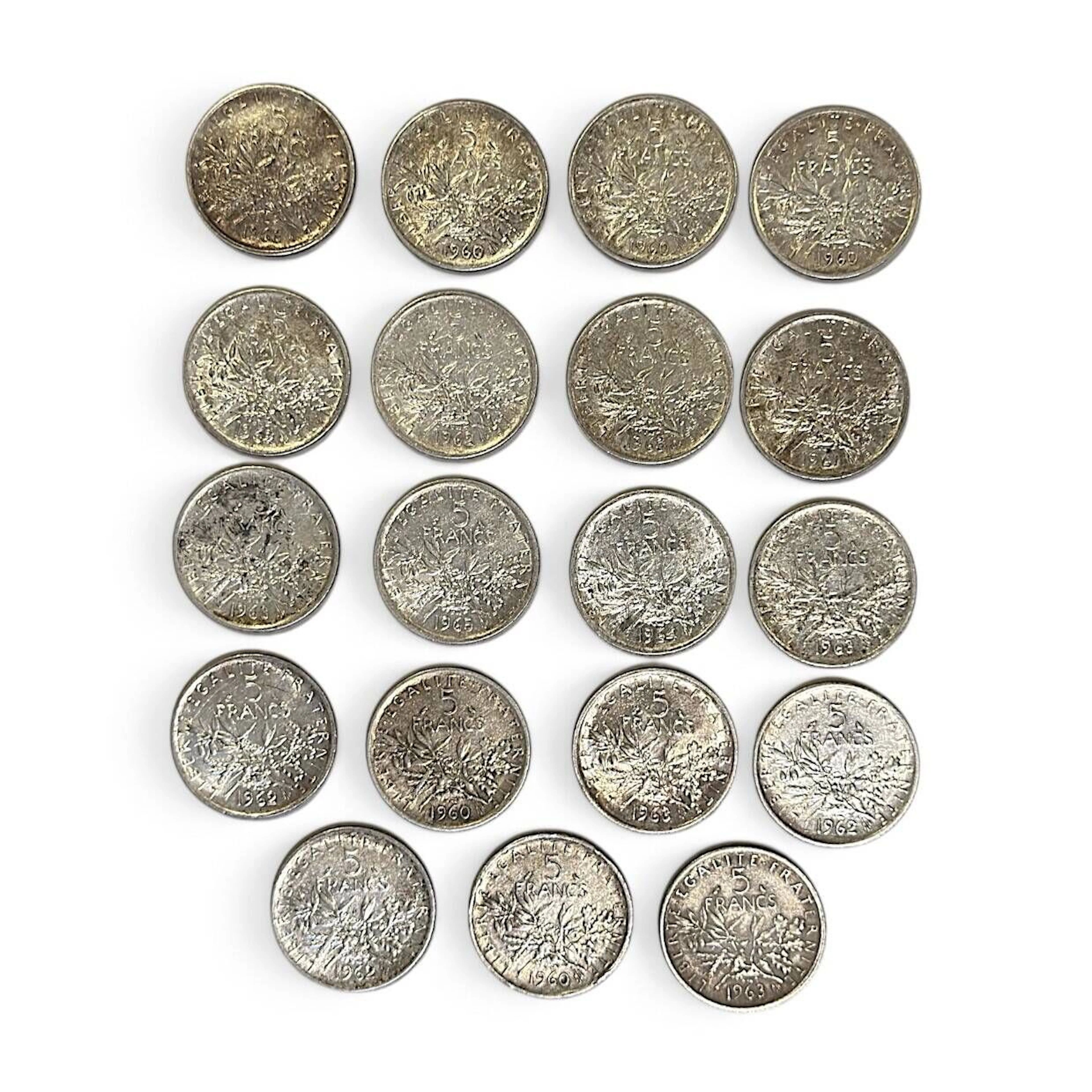 Set of 19 silver 5-franc "Semeuse" coins (835). - Lot 28