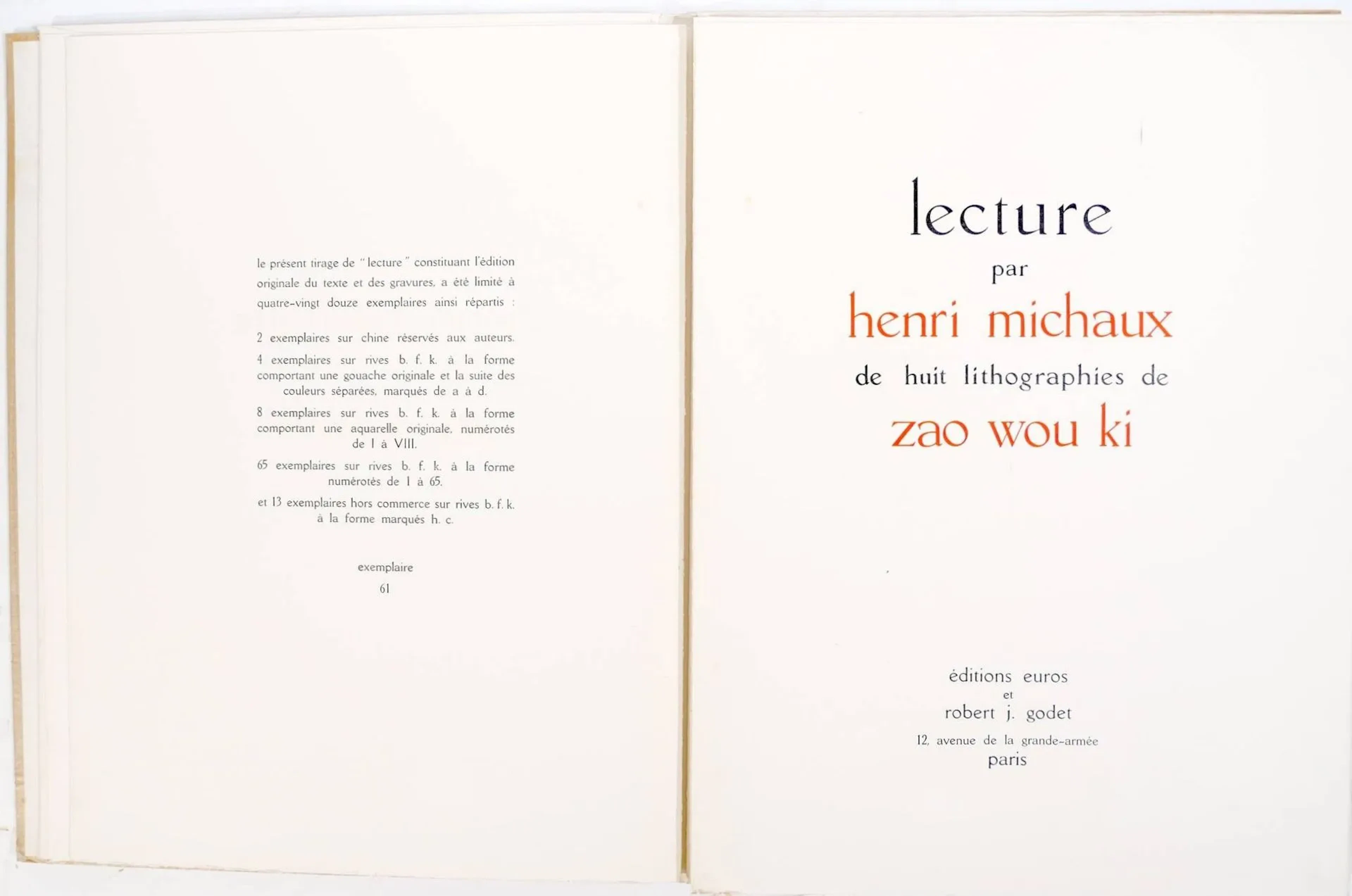 [ZAO WOU-KI]. MICHAUX (Henri). Henri Michaux's reading of ei - Lot 175