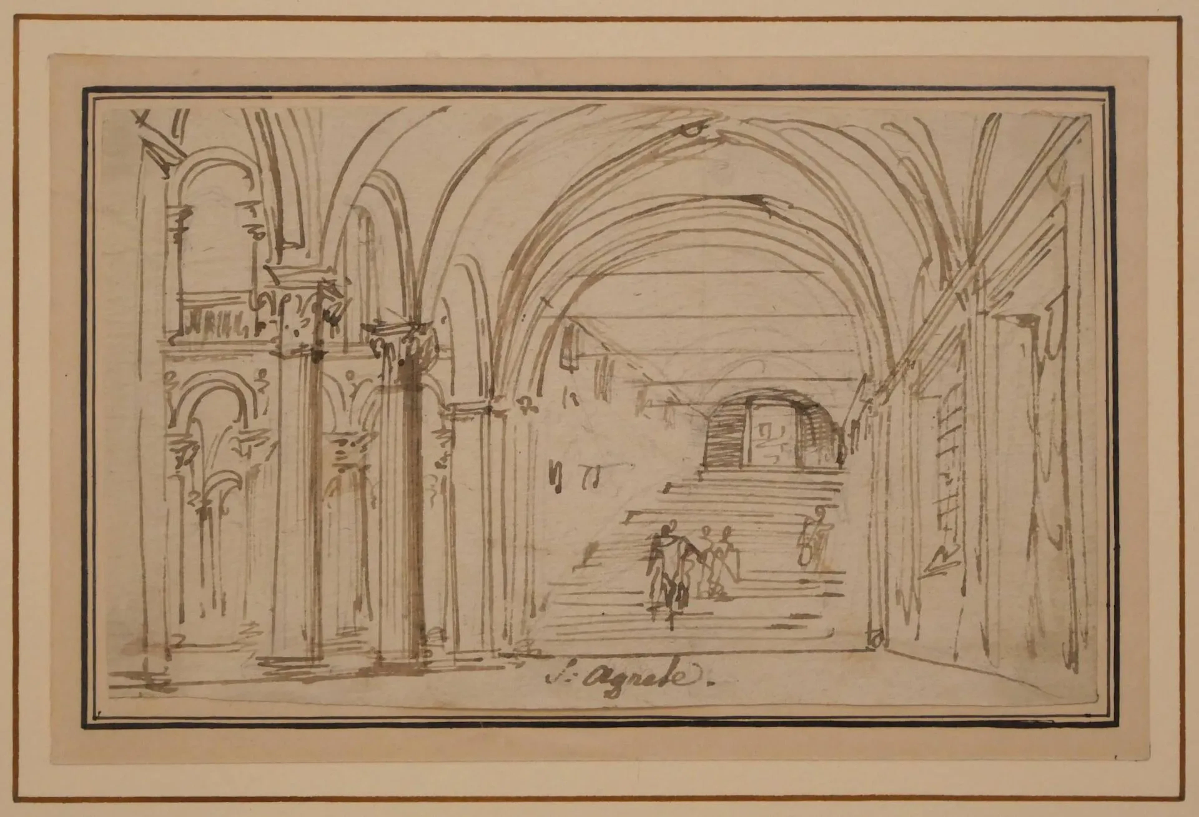 École italienne, XVIIIe siècle Intérieur de l’église Sant’Agnese, Rome Plume, encre brune sur esquisse sur traits de crayon sur papier crème 85 x 140 mm. En bas, annotation à la plume et encre brune : S. Agnese Provenance : Axel de la Rovère, acquis le 25 novembre 1981 Collection Paul et Florence Vercier (L. 3607), n°1846 Bibliographie : Le dessin [XVIe – XXe siècle] à travers une collection havraise, 1987, n°56 Une attribution à Michel-Ange CHALLE (1718-1778) a été proposée pour ce dessin.