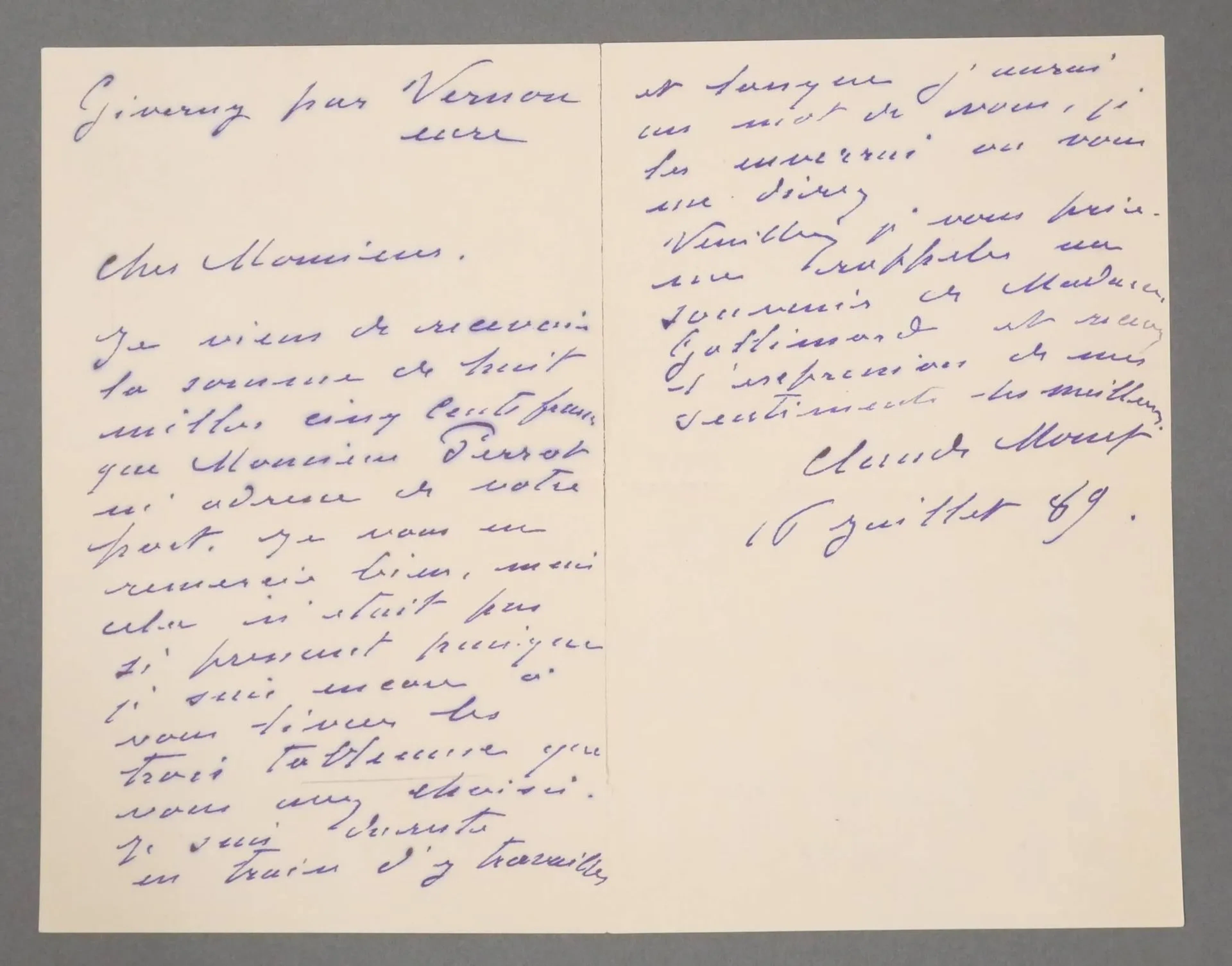 MONET, Claude (1840-1926). Autograph letter signed to collec - Lot 320