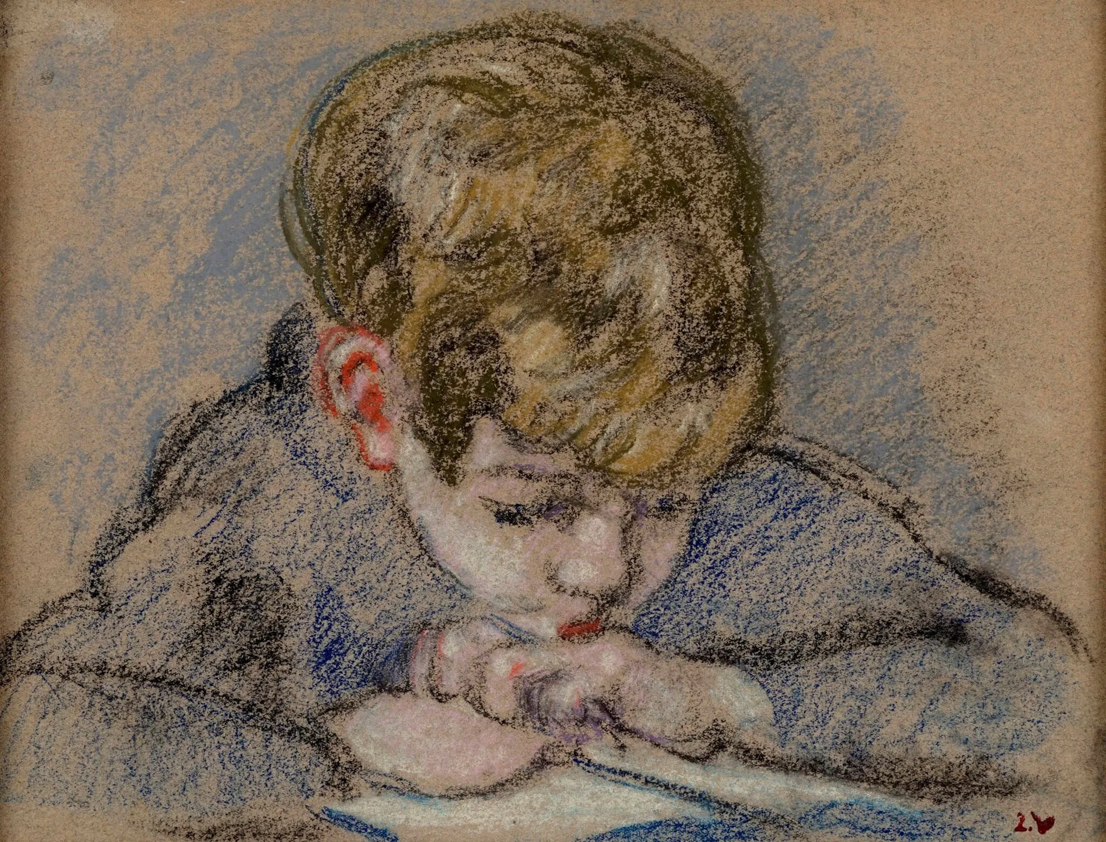 VALTAT Louis, 1869-1952 Jean lisant, circa 1913 pastel sur papier beige, cachet du monogramme en bas à droite 24,5x32cm à vue Un avis d'inclusion aux archives de l'Association Les Amis de Louis Valtat sera remis à l'acquéreur.