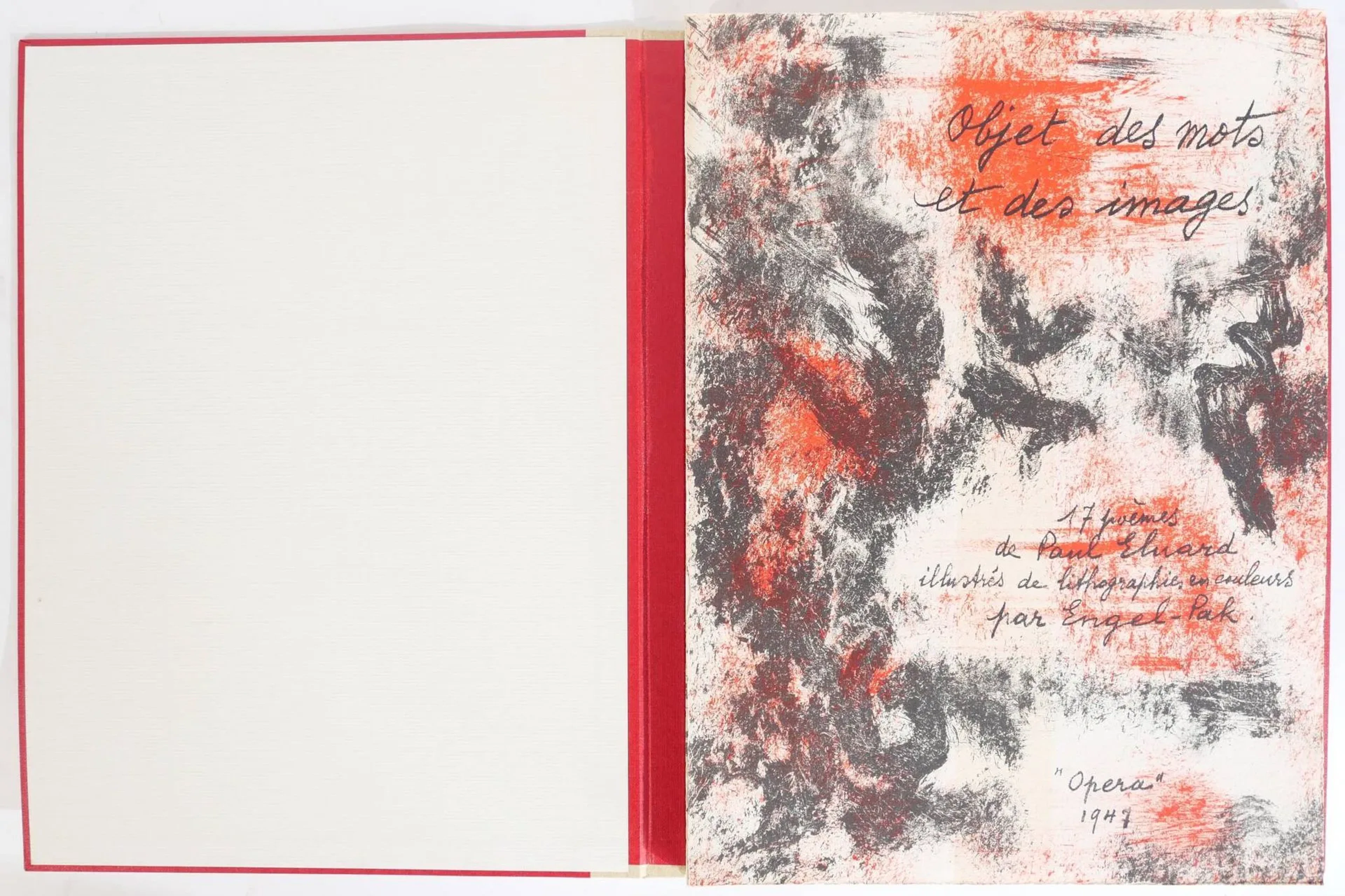 [ENGEL-PAK]. ÉLUARD (Paul). Objet des mots et des images. Paris, Opéra, 1947. In-4 en feuilles sous emboîtage éditeur, édition comprenant 17 poèmes de Paul Éluard illustrés de lithographies par Engel-Pak. Tirage limité à 300 exemplaires numérotés et signés par l'auteur et l'artiste à la justification, celui-ci n°152.