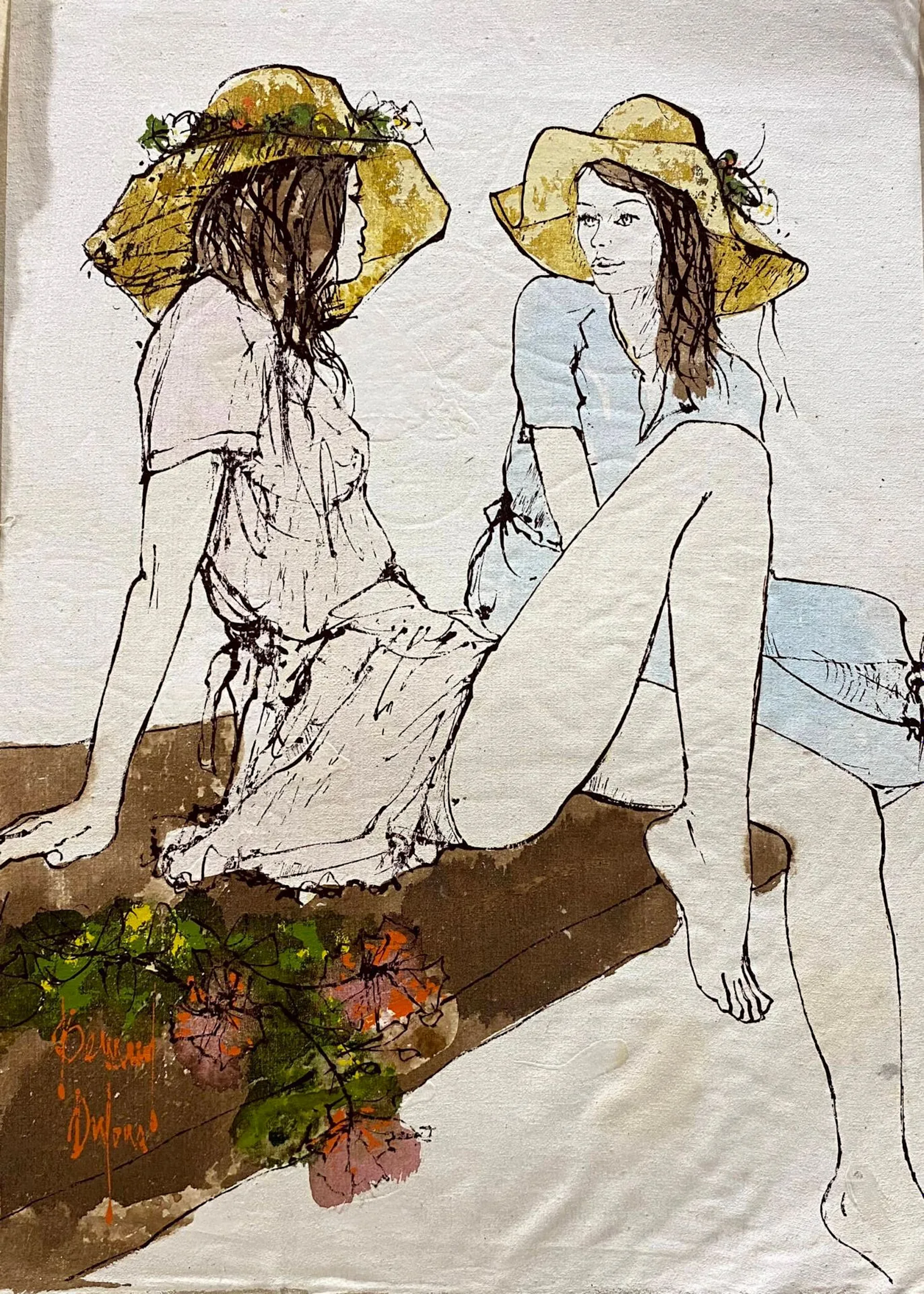 DUFOUR Bernard XX-XXI) Deux femmes sur un banc Sérigraphie en couleurs sur toile, signée dans la planche 49 x 41 cm
