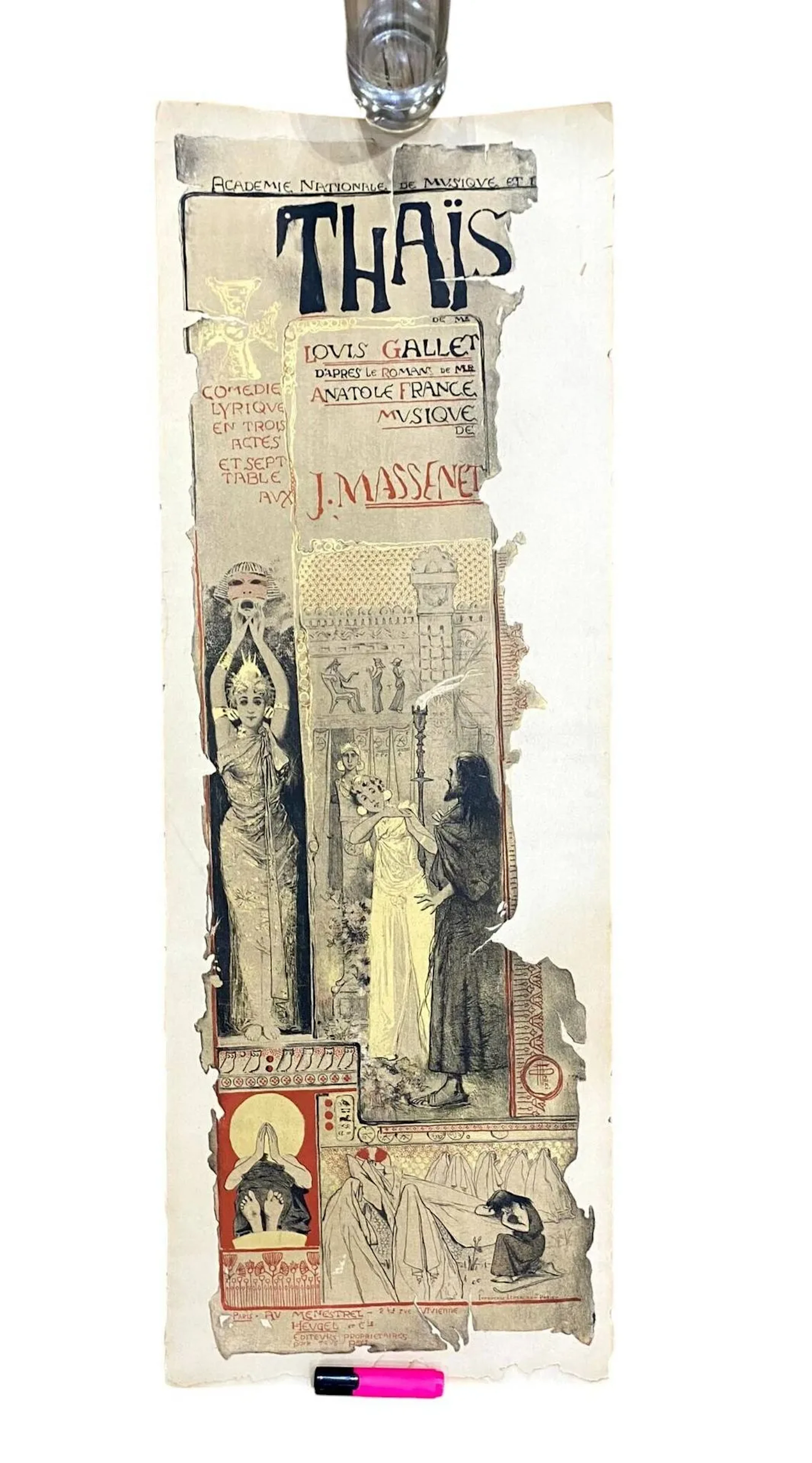 |AFFICHE - SPECTACLE] Jules MASSENET, Thaïs. Comédie lyrique en trois actes et sept tableaux. Livret de Louis Gallet d'après le roman d'A. France, musique de J. Massenet. Illustration d'après ORAZI Manuel, signée en bas à droite dans la planche. Au Ménestrel - Heugel & Cie, éditeurs propriétaires pour tous pays. Imp. Lemercier Paris. 1894. Créée à l'Opéra de Paris le 16 mars 1894 et donnée pour la première fois en province au Grand Théâtre de Reims en janvier 1895. Dim. : 106 x 38 cm. Non entoilée. Traces d'humidité dans la marge basse, petite déchirure en bordure. Bibliographie : reproduite n° 34 dans le livre French Opera Posters 1868-1930, Lucy Broido - Dover Publications New-York 1976.
