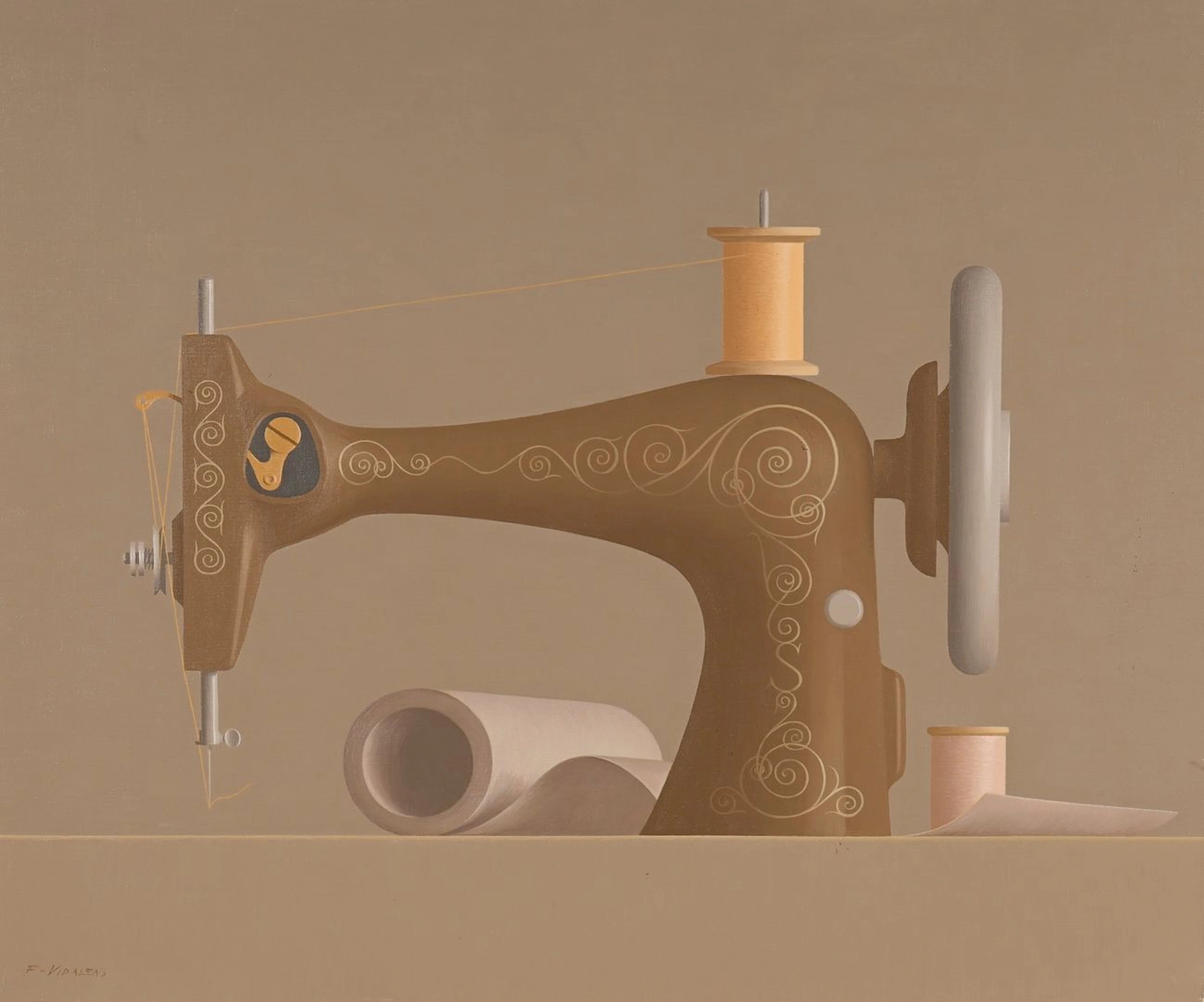 VIDALENS Frédéric, 1925-2004, La machine à coudre, huile sur toile, signée en bas à gauche, 54x65 cm.