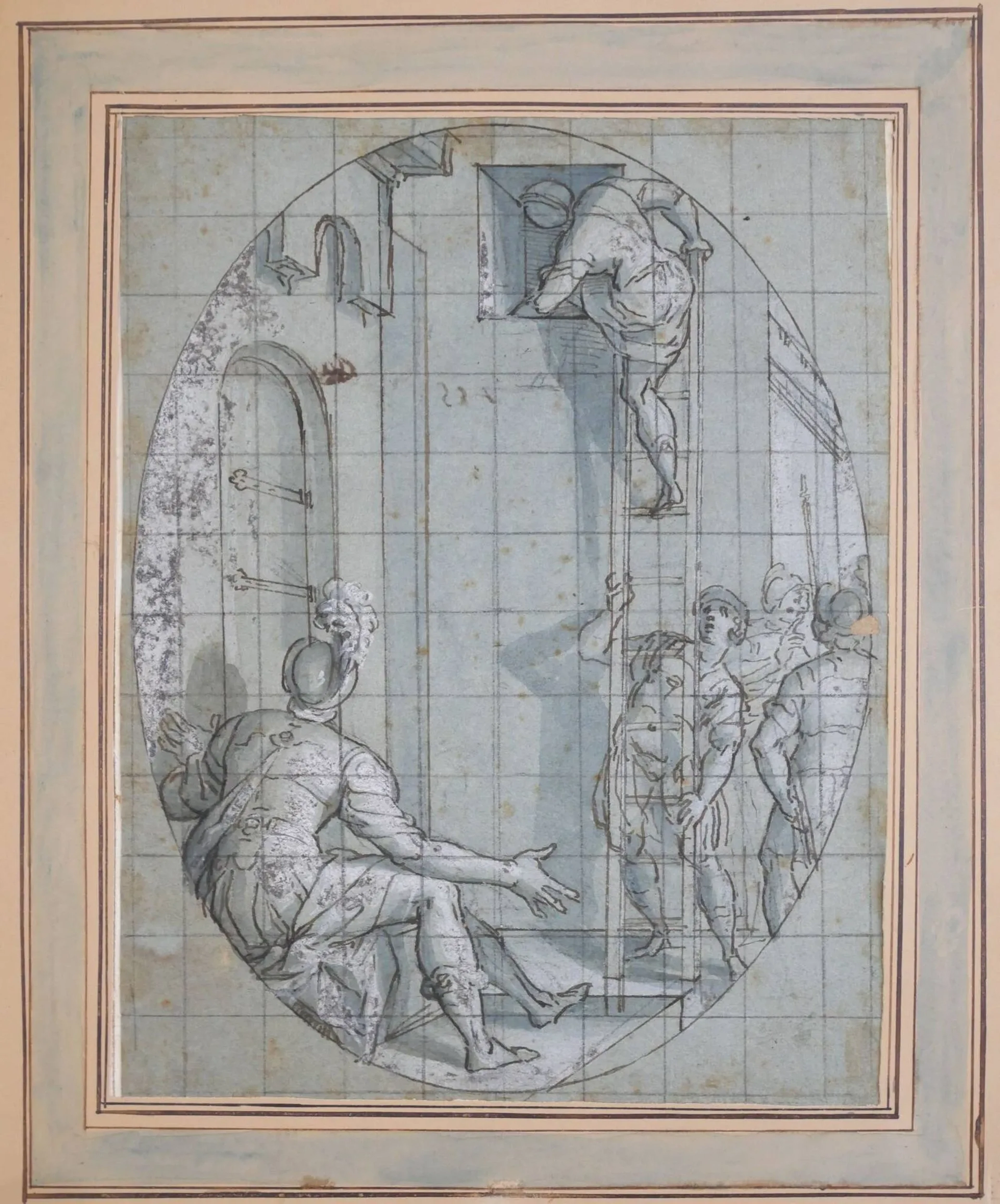 TAVARONE, Lazzaro (1556-1641) Soldat montant à une échelle Encre sur papier bleu avec rehauts de blanc 260 x 190 mm. Mise aux carreaux, pierre noire. Annoté en bas à droite sur le montage : del cavaliere passignani [Domenico Cresti dit Il Passignano] Provenance : Collection particulière, Marignane Chiapetta, Aix-en-Provence, acquis le 28 juin 1963. Collection Paul et Florence Vercier (L. 3607), n°88 Bibliographie : Le dessin [XVIe – XXe siècle] à travers une collection havraise, 1987, n°83. Anciennement attribué à Domenico Passignano (1556-1638) .