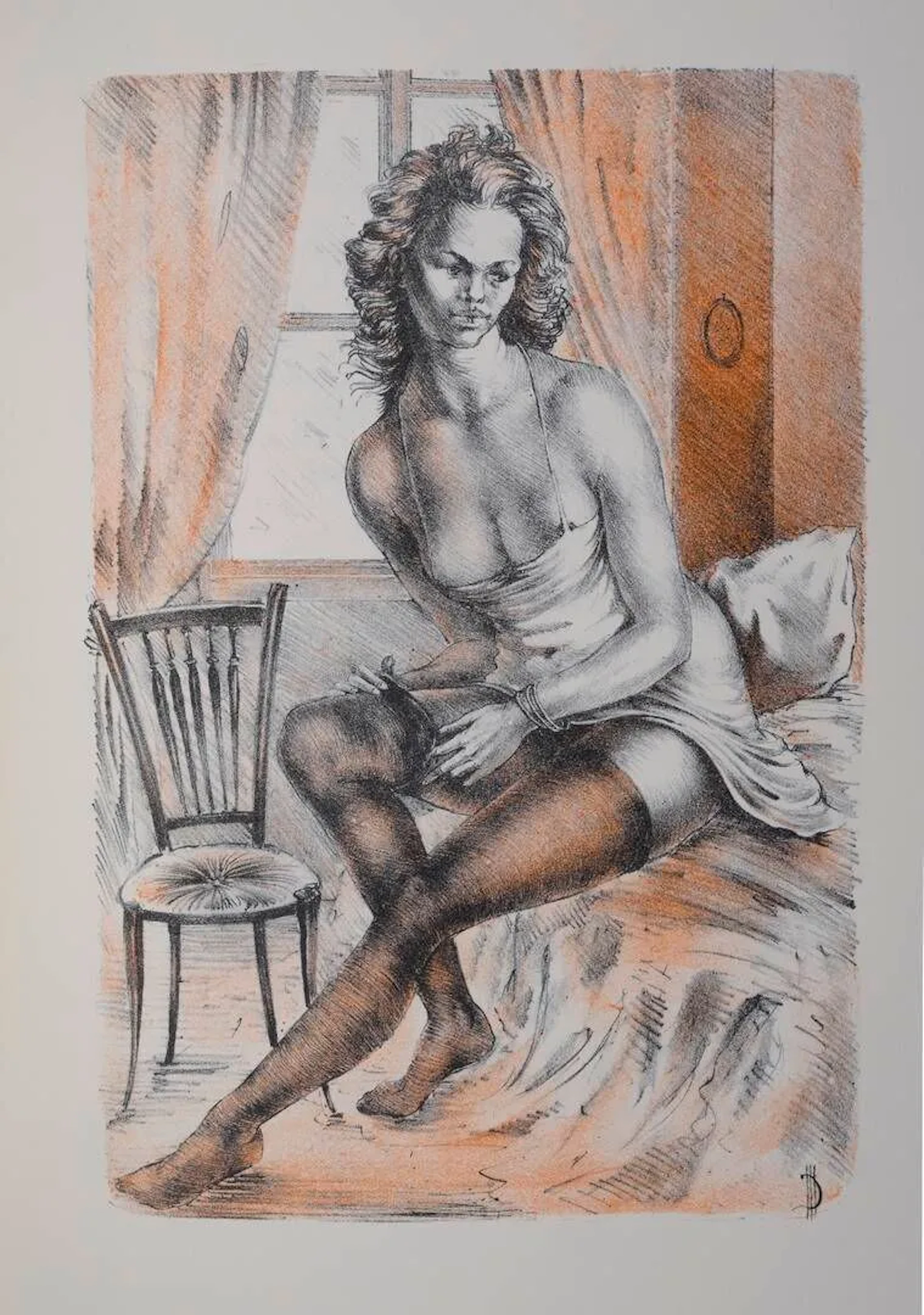 CÉLINE(Louis Ferdinand). Voyage au bout de la nuit. Paris, les heures claires, 1952. 3 volumes in-4, édition illustrée par Marc Dautry de 63 lithographies originales dont un portrait-frontispice de l'auteur. Tirage limité à 1500 exemplaires numérotés, celui-ci n°74, un des 1240 sur vélin de Rives. Reliure éditeur plein cuir bordeaux, les plats ornés d'étoiles noires et filets dorés rayonnant, dos orné à 5 nerfs, sous étui éditeur. Exemplaire enrichi d'un dessin original, titré "étude pour Lola" et accompagné d'un envoi autographe signé de l'illustrateur. (légers frottements aux étuis)