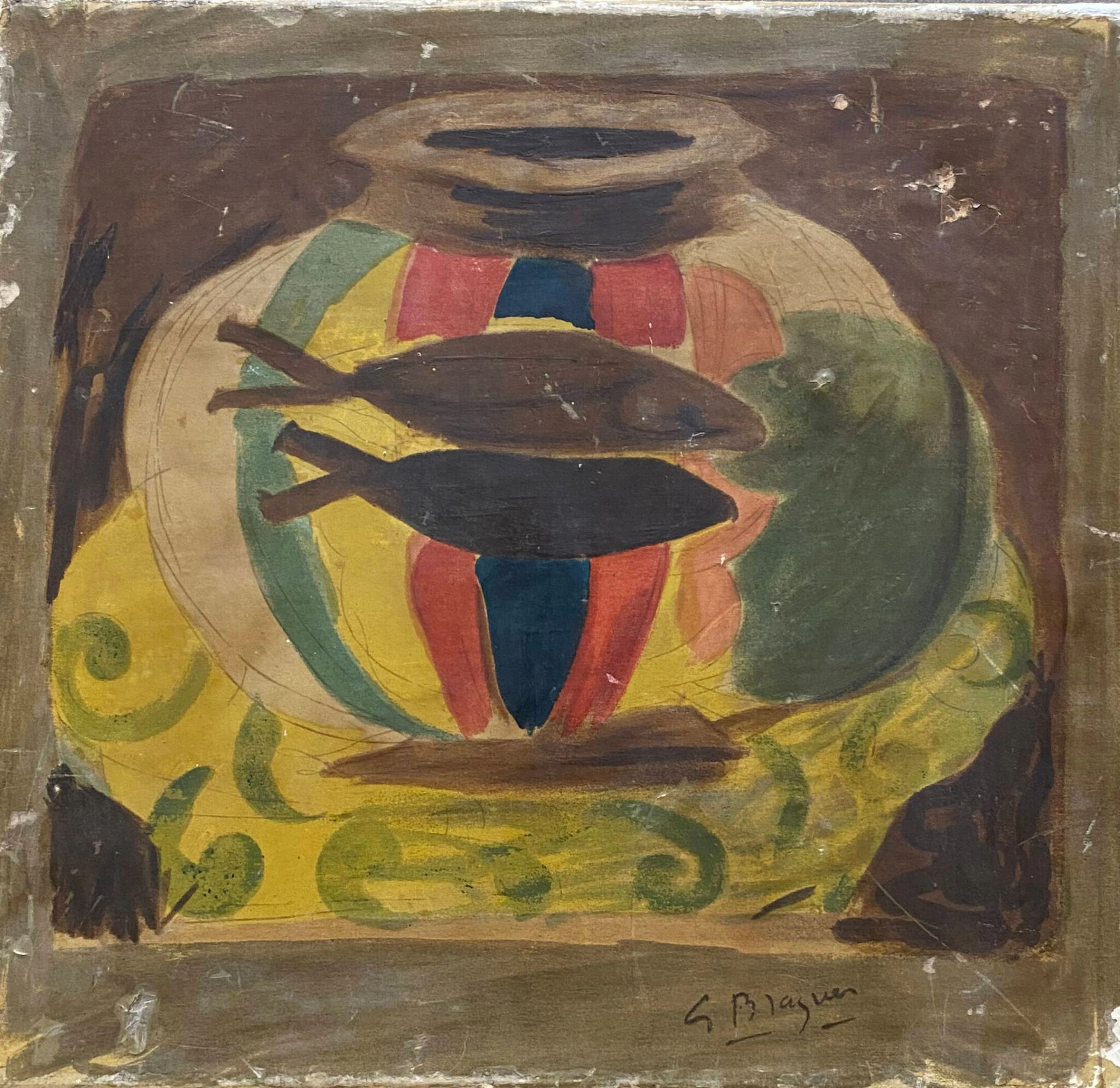 Lot comprenant : BORDERIE Jean-Pierre (né en 1952) Le bouquet de tulipes, 2009 Huile sur toile, signée et datée en bas à droite, signée titrée et située au dos 55 x 37 cm EFFEN O (XX) les filets du destin, Paris Avril 1973 Technique mixte sur panneau, signé et daté en bas à droite, titré, situé et daté au dos 47 x 67 cm BRAQUE Georges, d'après Bocal aux poissons, 1881 Reproduction sur toile accidents 43 x 47 cm