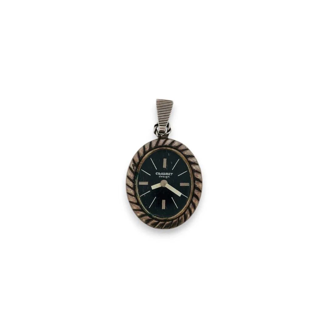 Oval silver pendant watch (800), black dial, baton hour mark - Lot 200