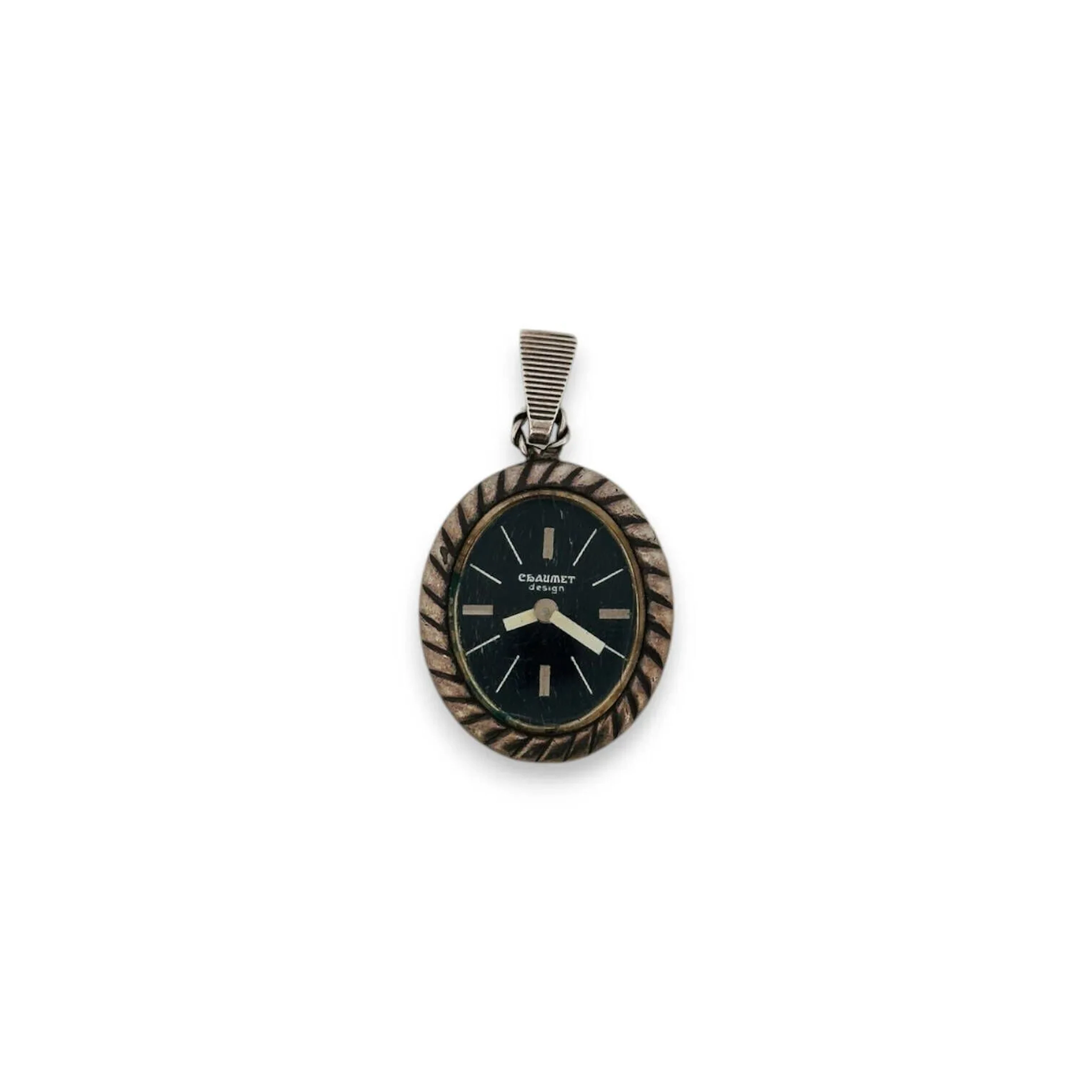 Oval silver pendant watch (800), black dial, baton hour mark - Lot 200
