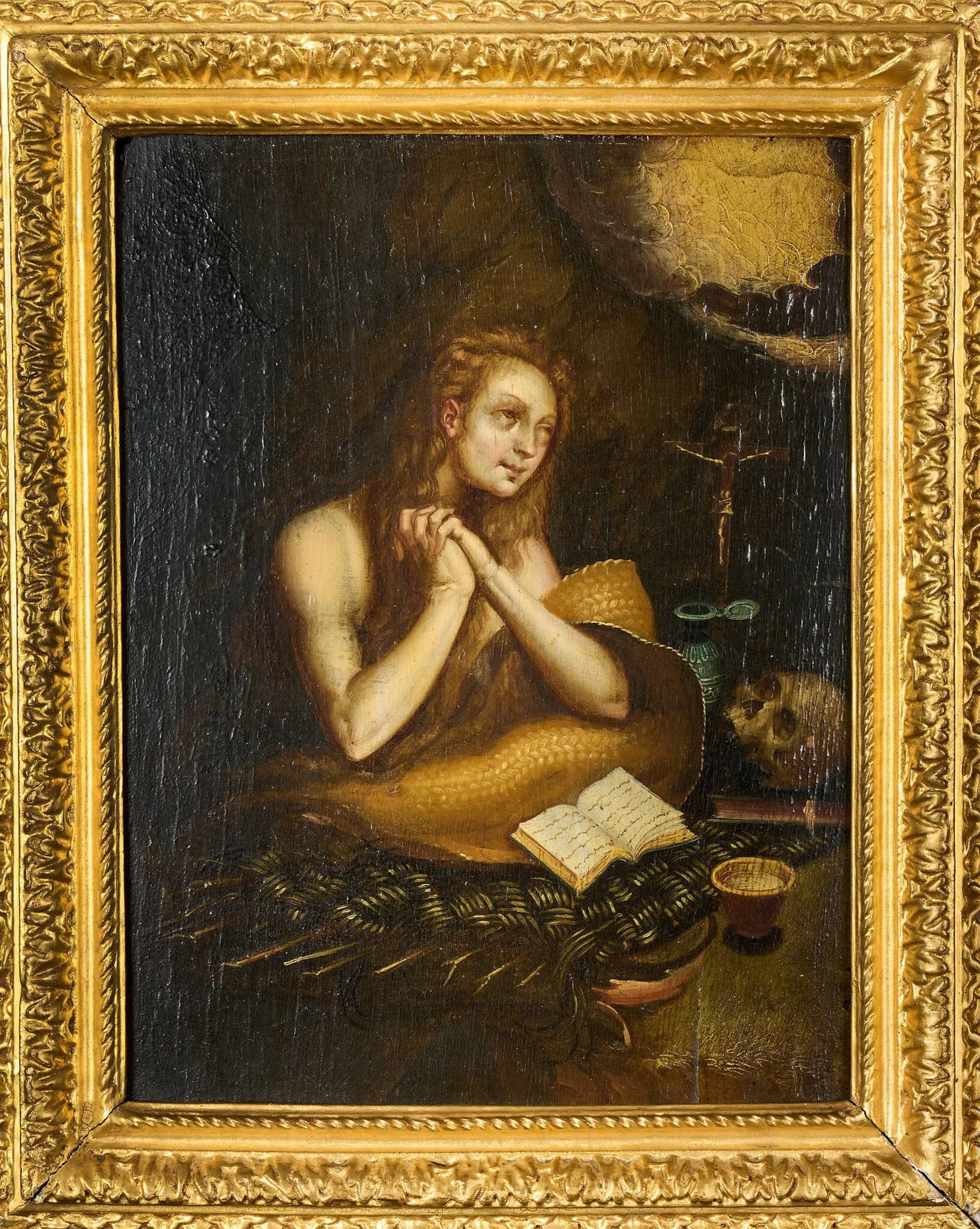 École flamande vers 1600,d’après Domenico Tintoret(Venise1560-1635 Venise) Marie Madeleine pénitente Huile sur panneau 30,7 x 22,7 cm. Letableaumatriceest conservé au Musée du Capitole à Rome.