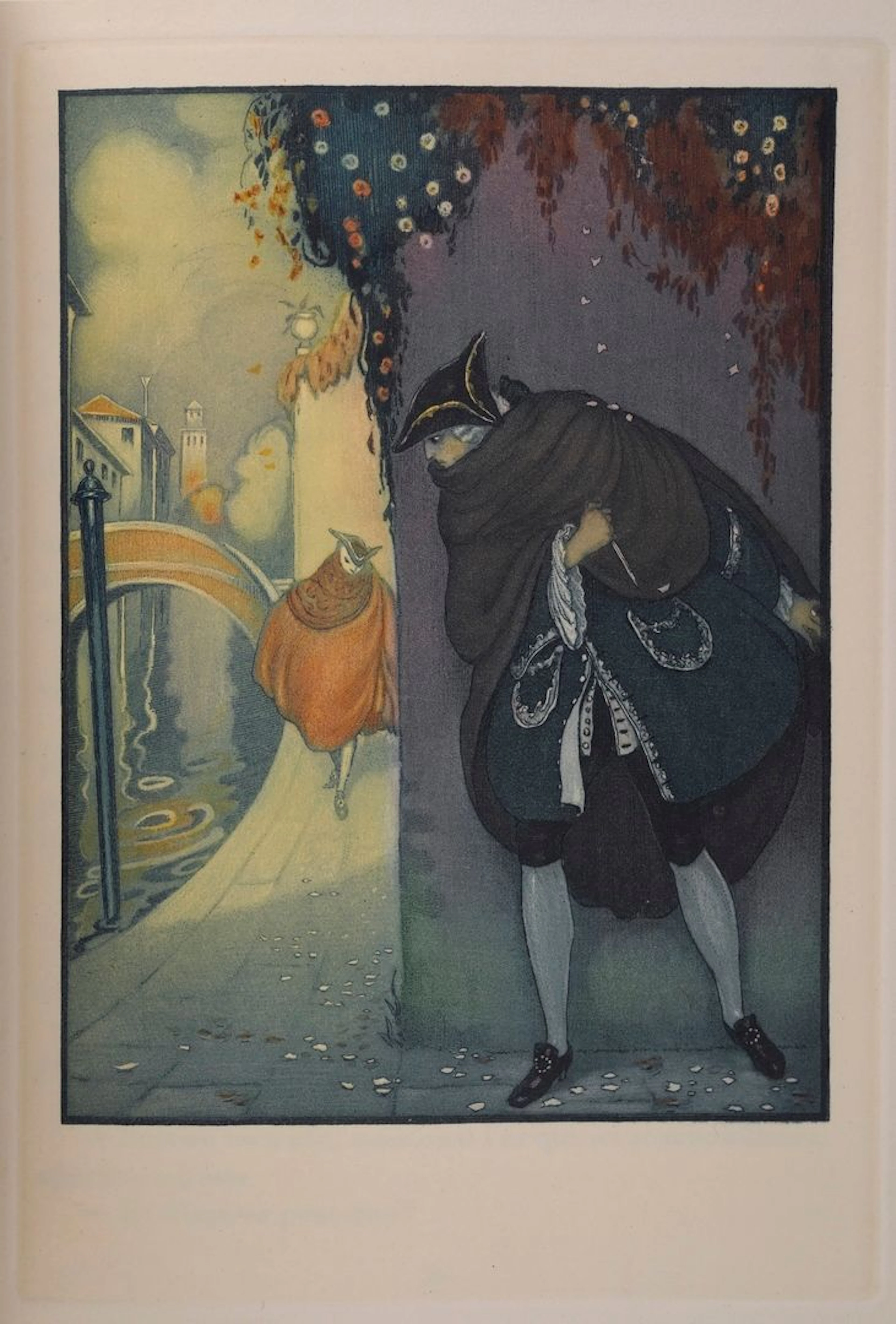 CASANOVA de SEINGALT (Jacques). Une Aventure d'Amour à Venise. Paris, Briffaut, 1927. In-4, édition illustrée d'après les aquarelles originales de Gerda WEGENER dont 9 en-têtes, 9 lettrines, 9 culs-de-lampe et petites roses d'ornement en deux tons gravées sur bois par G. Aubert et 8 compositions hors-texte gravées à l'eau-forte en couleurs par André Lambert. Tirage limité à 500 exemplaires numérotés, celui-ci n°450, un des 414 sur vélin d'Arches. Reliure plein maroquin rouge, dos à 4 nerfs, titre et auteur dorés, tranche supérieure dorée, quadruple filets d'encadrement aux contreplats, filet doré sur les coupes, doubles gardes.