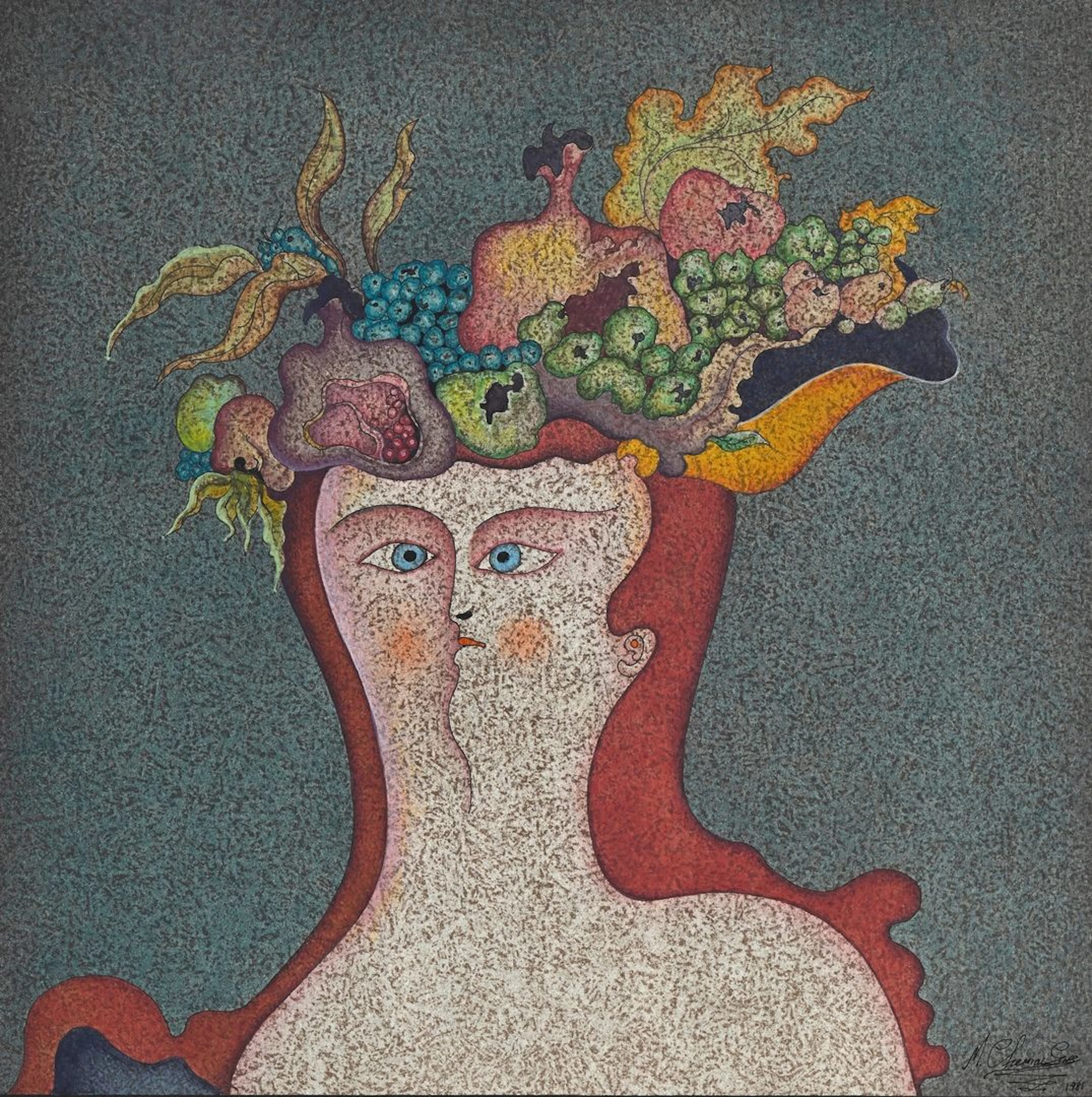 CHEMIAKIN Dorothée, née en 1964 Tête aux fruits, 1981 plume, encre noire et aquarelle sur papier signé et daté en bas à droite à la manière de Mikhail Chemiakin 31,5 x 31,5 cm