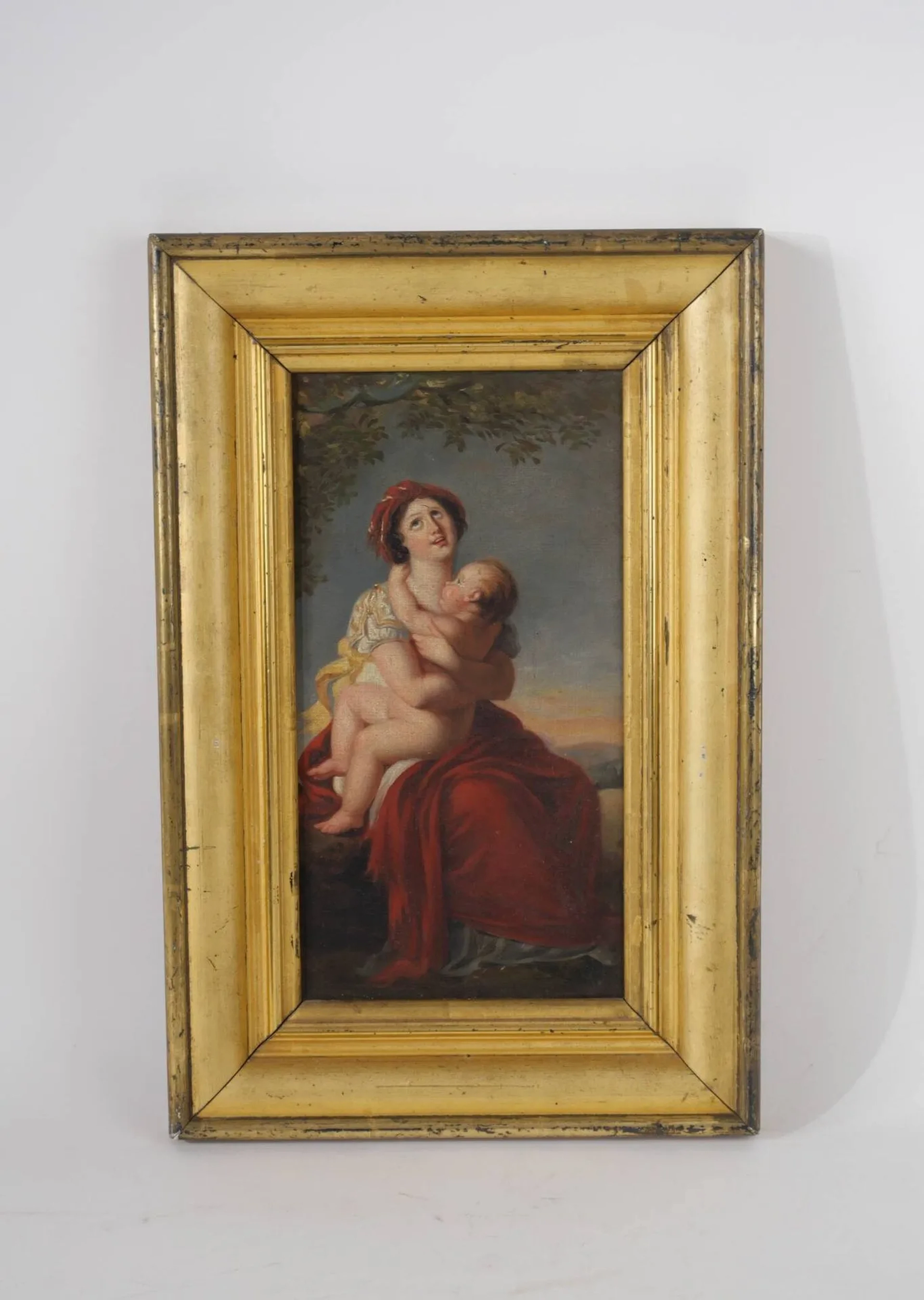 Ecole du XIXe siècle Maternité Huile sur toile Etiquette manuscrite au dos "Tableau reproduit par Pierre Richard le frère de Benoit (?) Richard" 33 x 18 cm