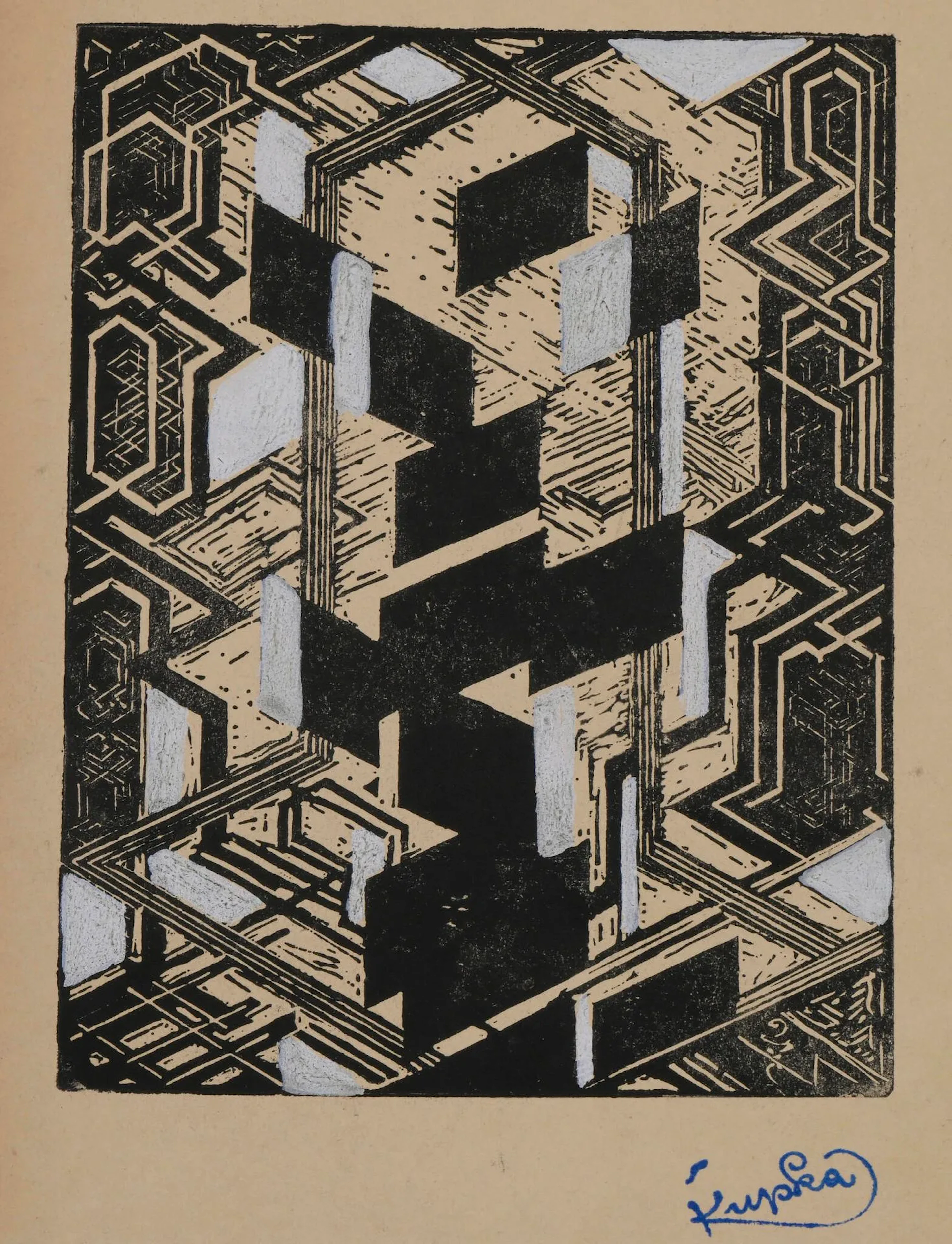 KUPKA Frantisek, d'après Quatre histoires de blanc et noir, numéros 23 et 24 deux bois gravés en noir, dont un rehaussé au pochoir à la gouache blanche (insolation, traces de plis) non signés, un cachet "Kupka" en bas à droite sur chaque Planche: 20x15cm chaque - Feuille: 24x18,5cm chaque