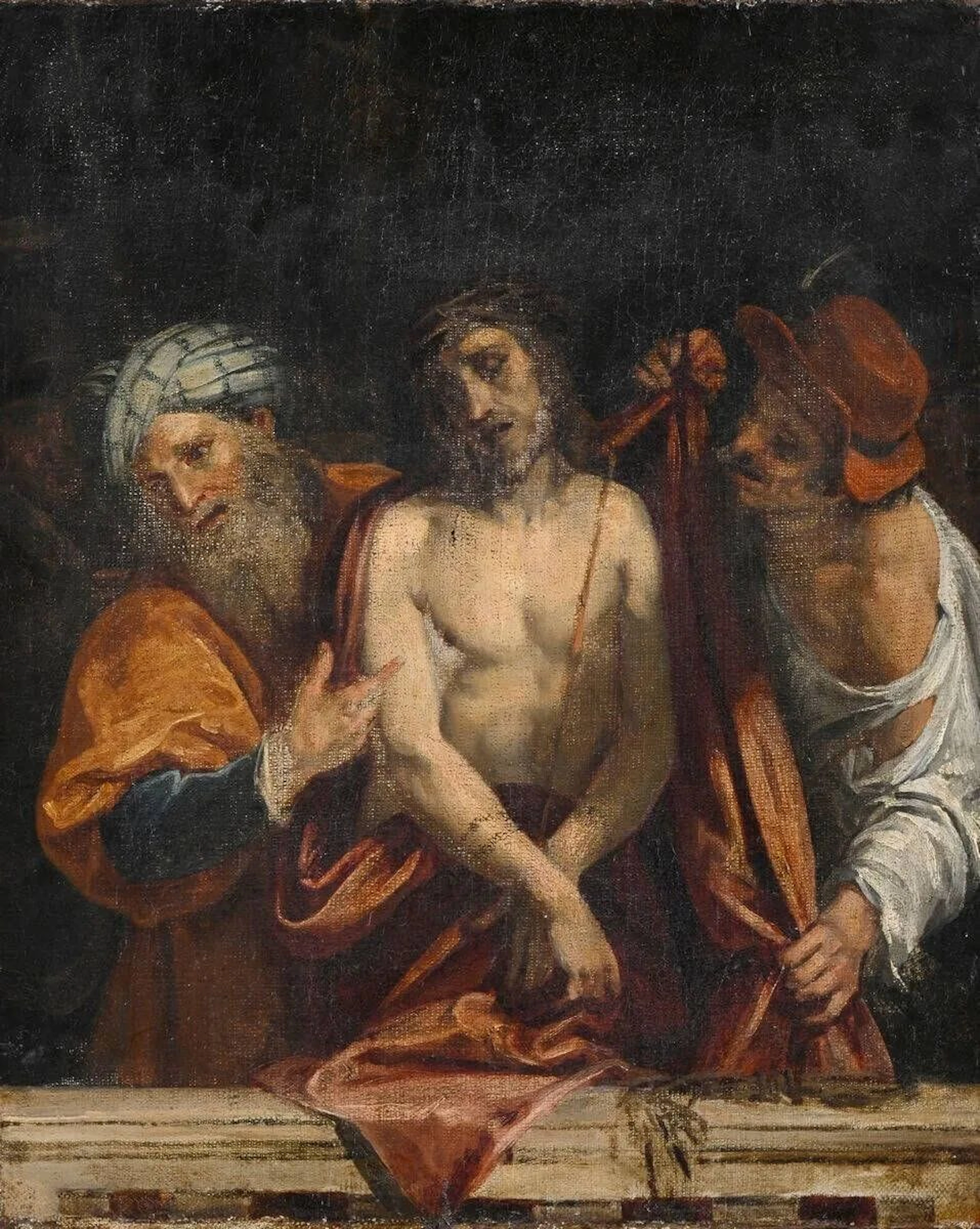 CARDI Ludovico dit Il Cigoli (D'après) 1559 - 1613 Ecce Homo Huile sur toile (rentoilage) H. 46 - L. 38 cm Etude d'après la composition appartenant à Lorenzo de Médicis (Toile ; 175 x 135,5 cm) et conservée à Florence au Palazzo Pitti (Inv. 1912 : n° 90).