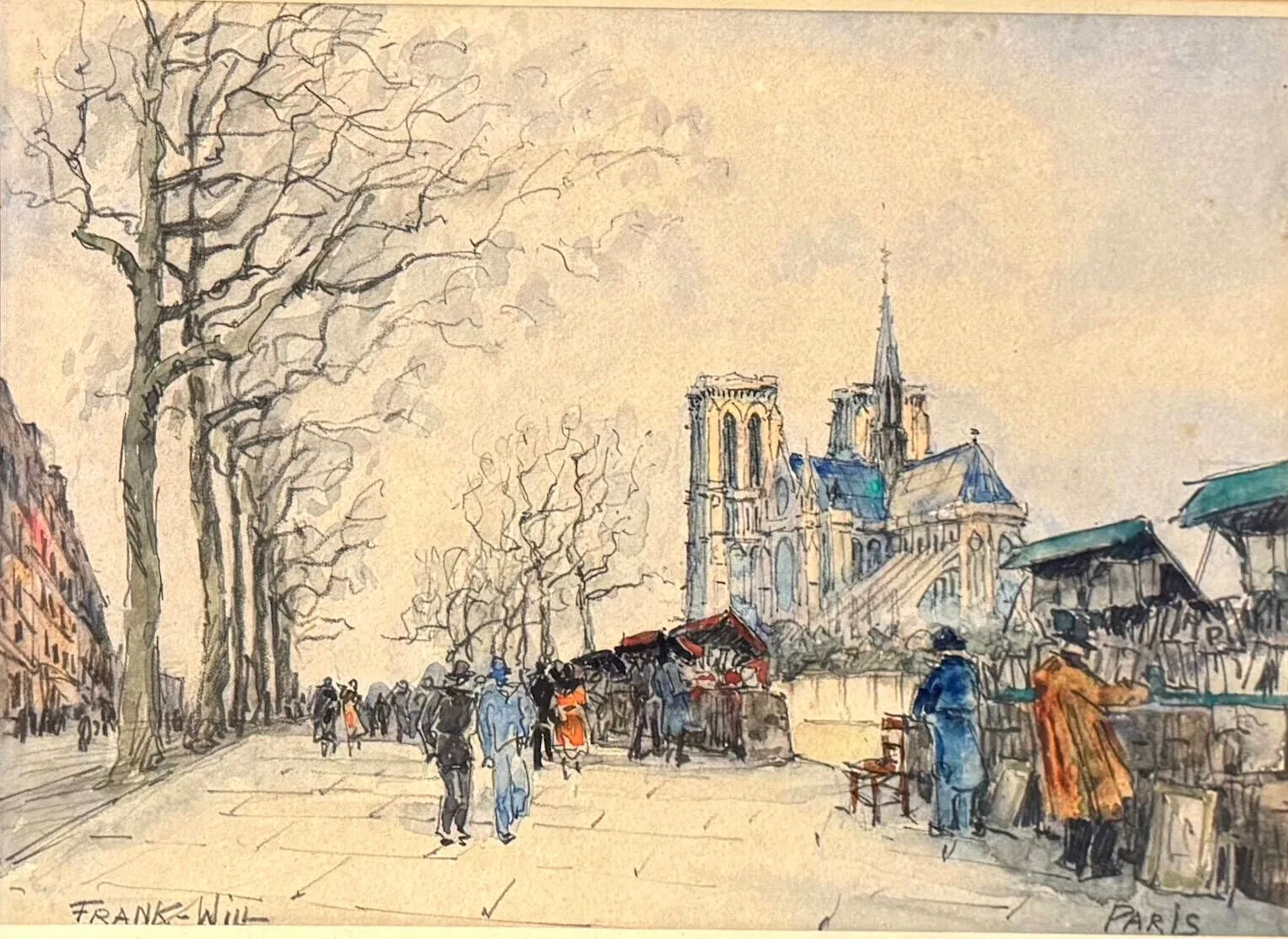 FRANK-WILL (1900-1951) Les quais et Notre-Dame, Paris, Aquarelle signée en bas à gauche, située en bas à droite quelques rousseurs 19 x 27 cm à vue