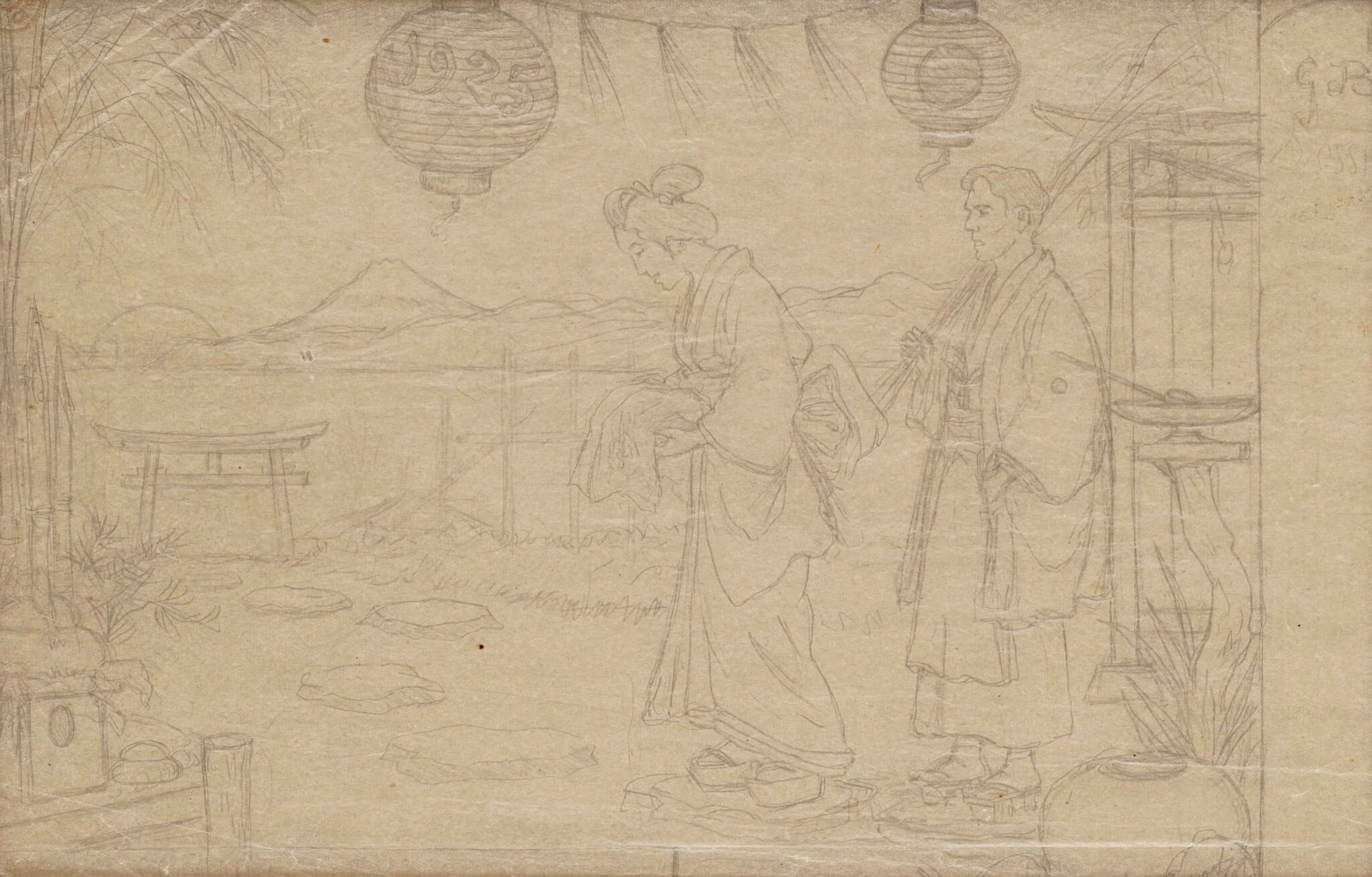BIGOT Georges Ferdinand, 1860-1927, Couple dans un jardin - Japonaise à sa toilette - Jinrikisha - Couple en voyage, quatre dessins au crayon noir sur papier calque sous deux montages (rehauts de plume et encre brune et de gouache sur deux dessins, traces de plis), un dessin monogrammé, 28x18 cm chaque. PROVENANCE : Vente à Louviers chez Maître Prunier en 1991.