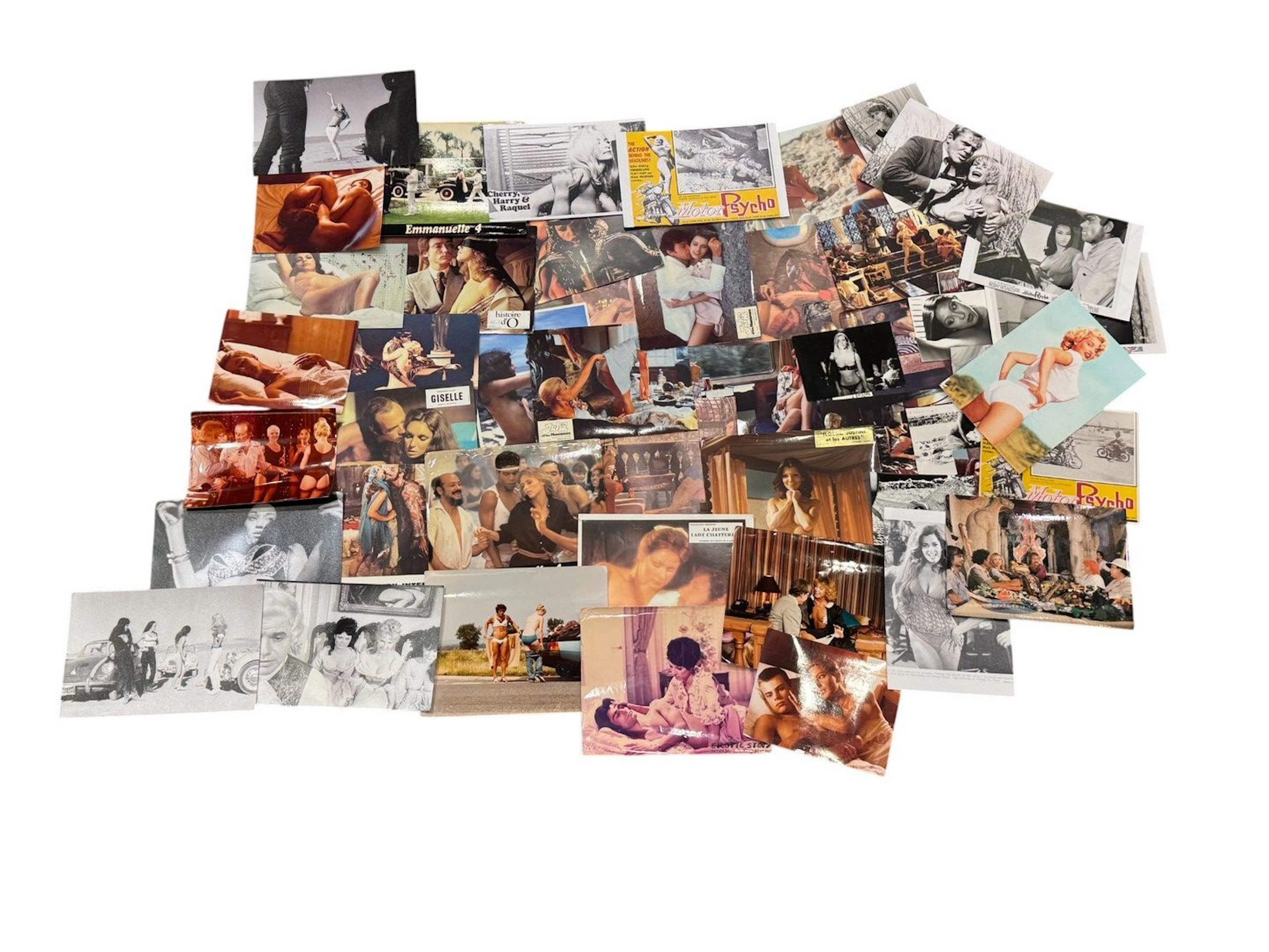 Cinéma, erotica, films, acteurs et actrices, Hollywood, films érotiques et pornographiques, des nus, femmes dénudées et divers. Ensemble de plus de vingt-cinq tirages d’époque, postérieurs et contretypes en couleur et en noir et blanc sur papier « Kodak », « Fujifilm Fujicolor Crystal Archive Paper Supreme » et autres. Exemples de sujets : tournages et scènes de films (exemples : « Zig Zag Story », « Russ Meyer’s Vixen! », « Les plaisirs interdits », « Madame Claude 2 », « Crazy Horse », …), etc. Divers états. Formats moyens environ de 12,5 x 9 cm à 30 x 24 cm. Sont joints plus d’une vingtaine de documents sur des films comme « Emmanuelle 4 », « Caligula et Messaline », « Flossie, Justine et les Autres », « La jeune Lady Chatterley », « L’Amérique interdite », « Julia et les Hommes », « Le journal d’une maison de correction », « Giselle », « Histoire d’O », « Les nuits chaudes de Cléopâtre » ou encore « Canterbury Interdit ».