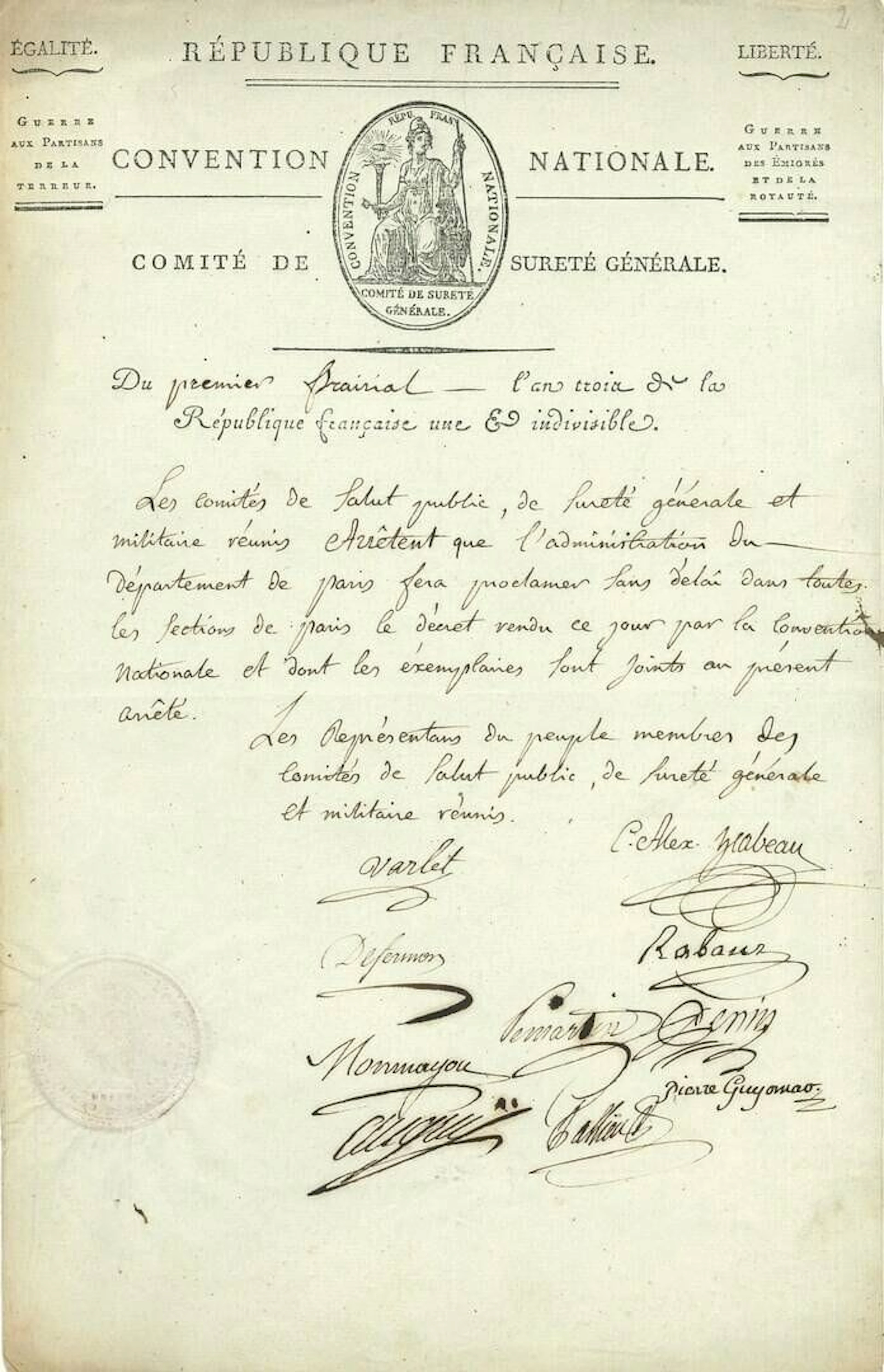 COMITÉ DE SÛRETÉ GÉNÉRALE. P.S. by 10 members, 1st prairial - Lot 191