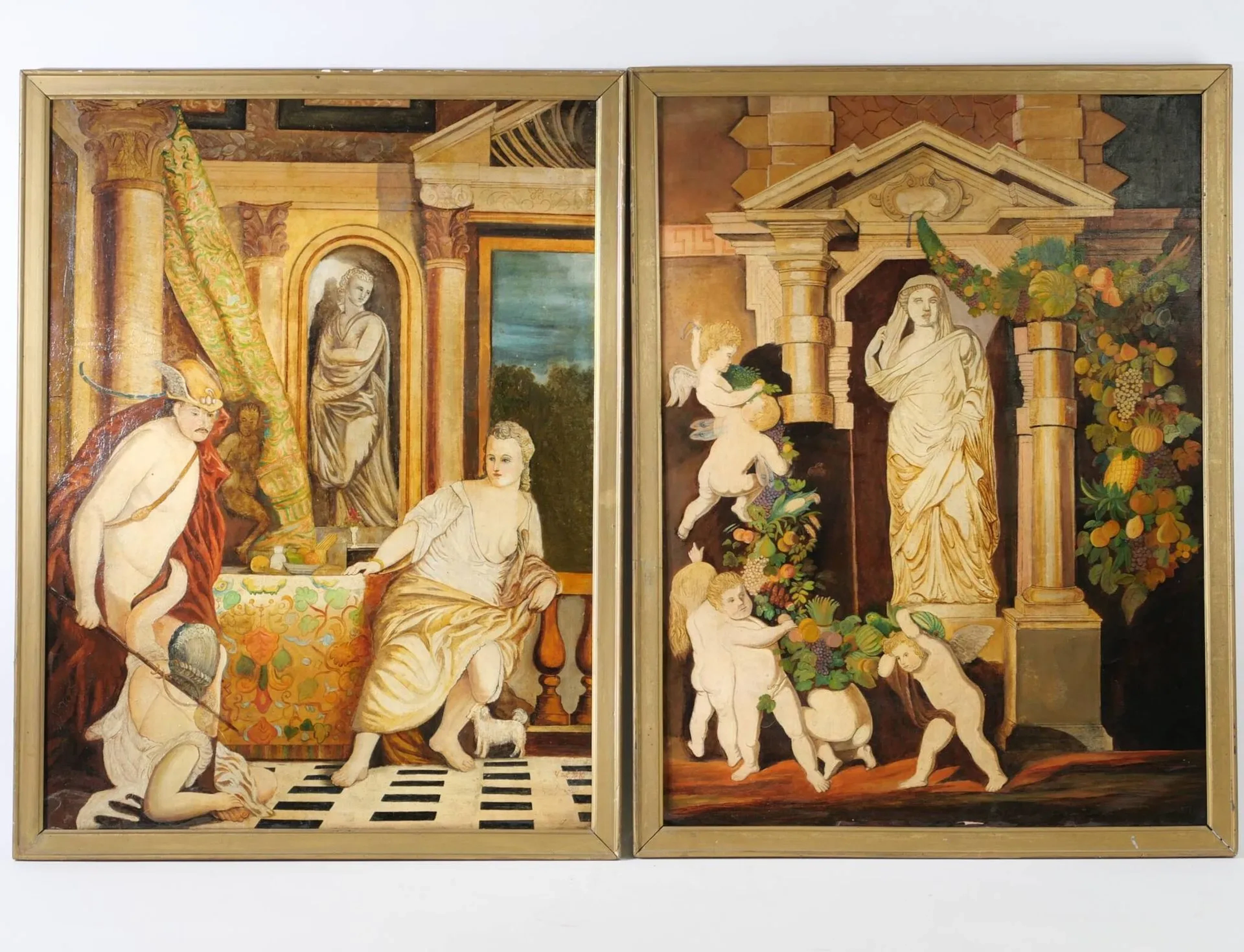 École de la fin du XIXe siècle, d'après Paul Véronèse et d'après Peter Paul Rubens "Hermès et Agraulos" et "Statue de Cérès" Deux huiles sur toile pouvant former paire Une monogrammée en bas à droite V del B.R, portant une étiquette ancienne manuscrite retraçant l'extrait des Métamorphoses d'Ovide d'où est extraite la scène d'Hermès 100,5 x 75 et 100 x 76 cm Restaurations