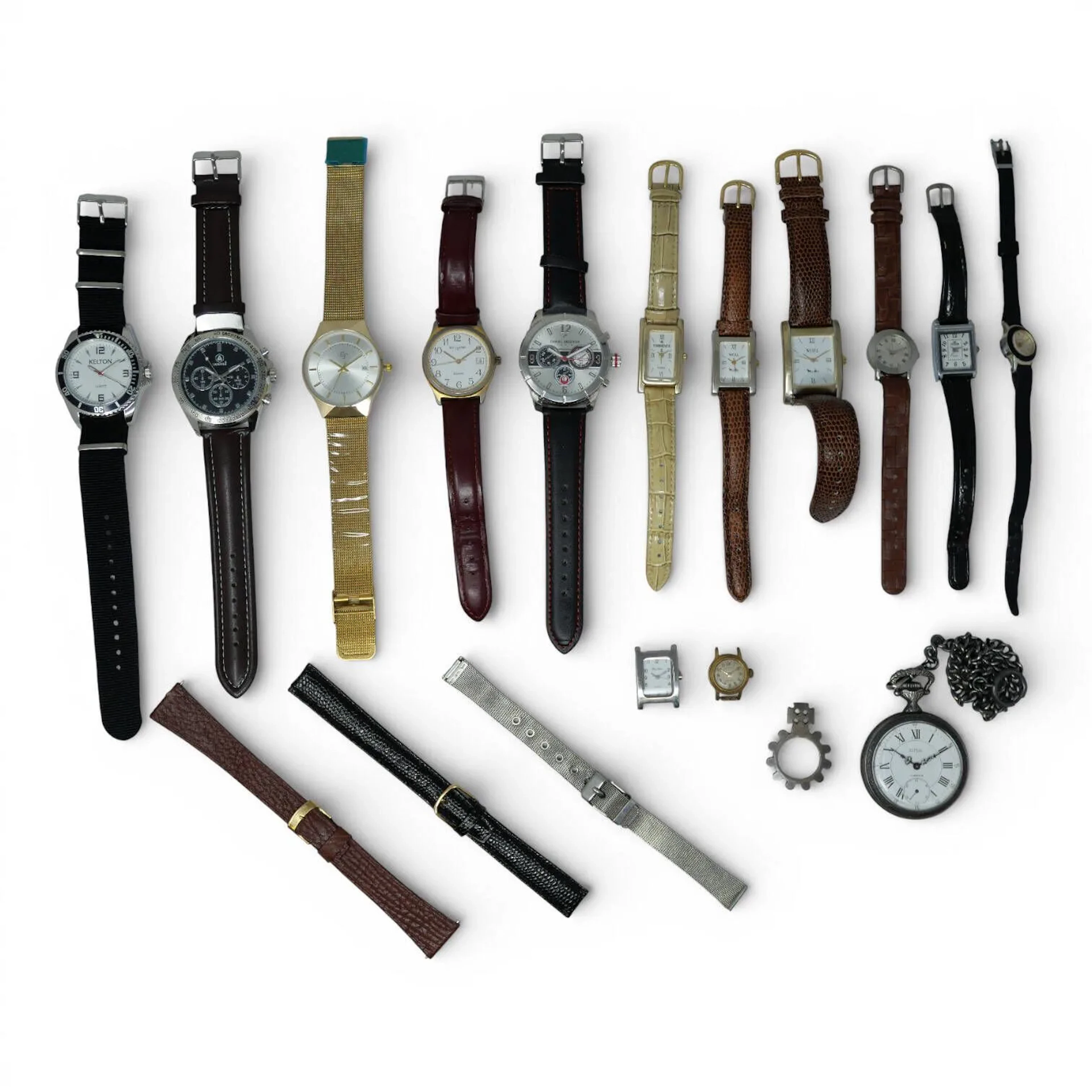 Fort lot de montres pour dame et pour homme. Marques diverses. On y joint une montre de poche. Vendues en l'état