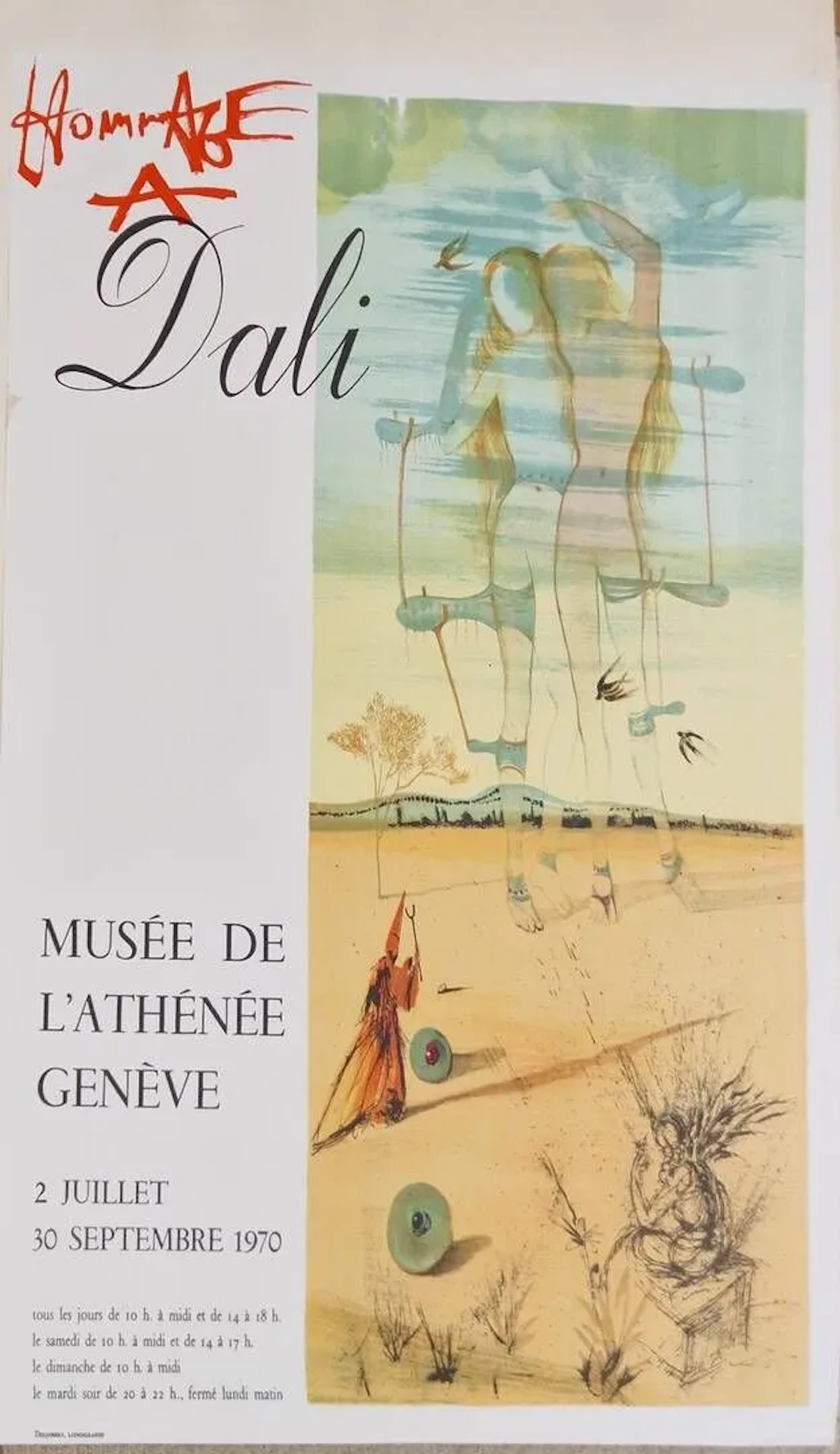DALI Salvador, d'après, Hommage à Dali, Affiche d'exposition en lithographie, musée de l'Athenée Genève, 2 juillet au 30 septembre 1970, Desjobert lithographie petite tache sur un bord 77 x 56 cm