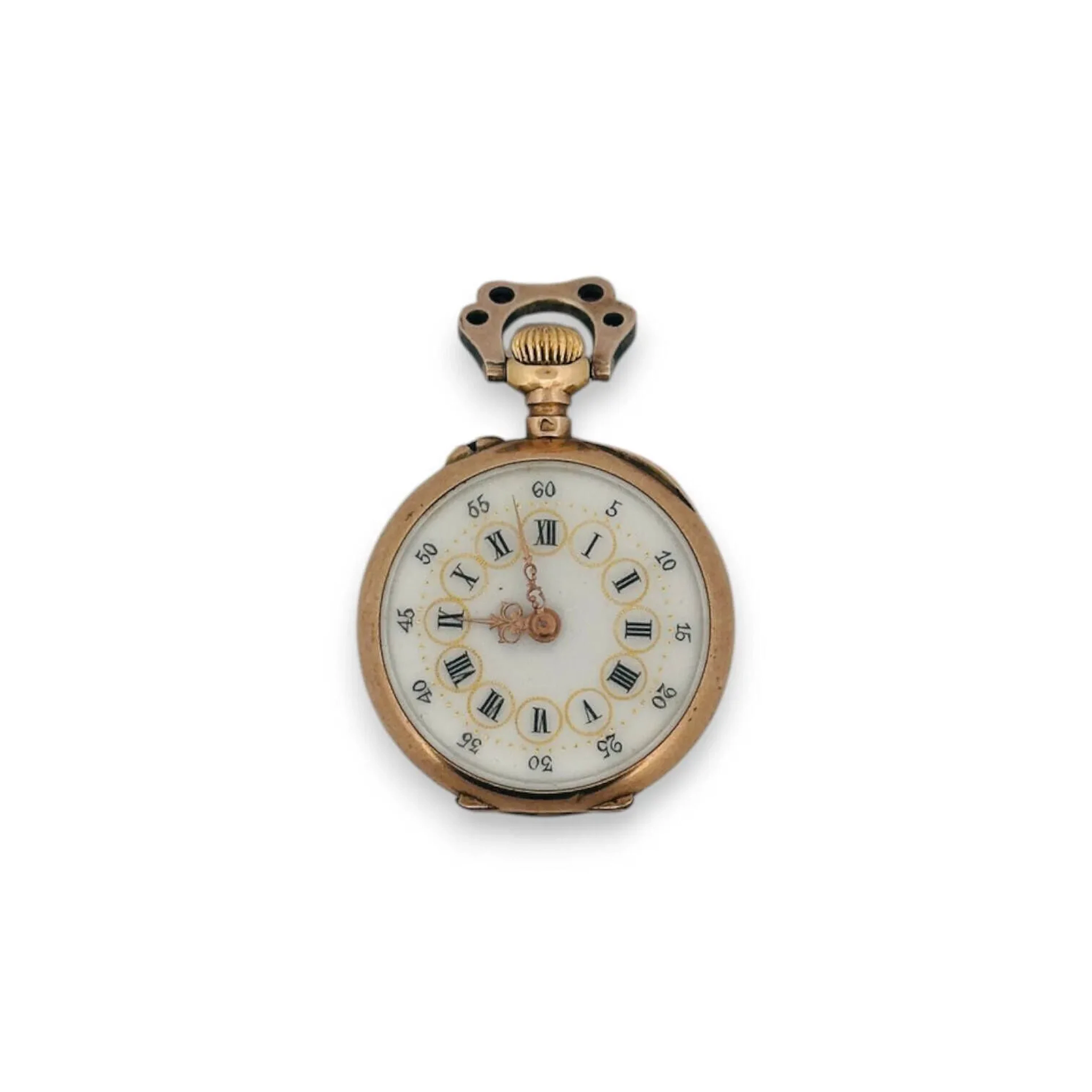 ANONYME Montre de col en or jaune 18K (750) et argent (800 minimum), cadran émaillé blanc, index chiffres romains dans de petits ronds dorés formant les heures, aiguilles filigranées, mouvement à remontoir, boitier lisse (chocs), cuvette et bélière en or 18K et argent sertie de diamants tailles en roses et de rubis ronds. Diam. : 22 mm - Poids brut : 14.70 g.