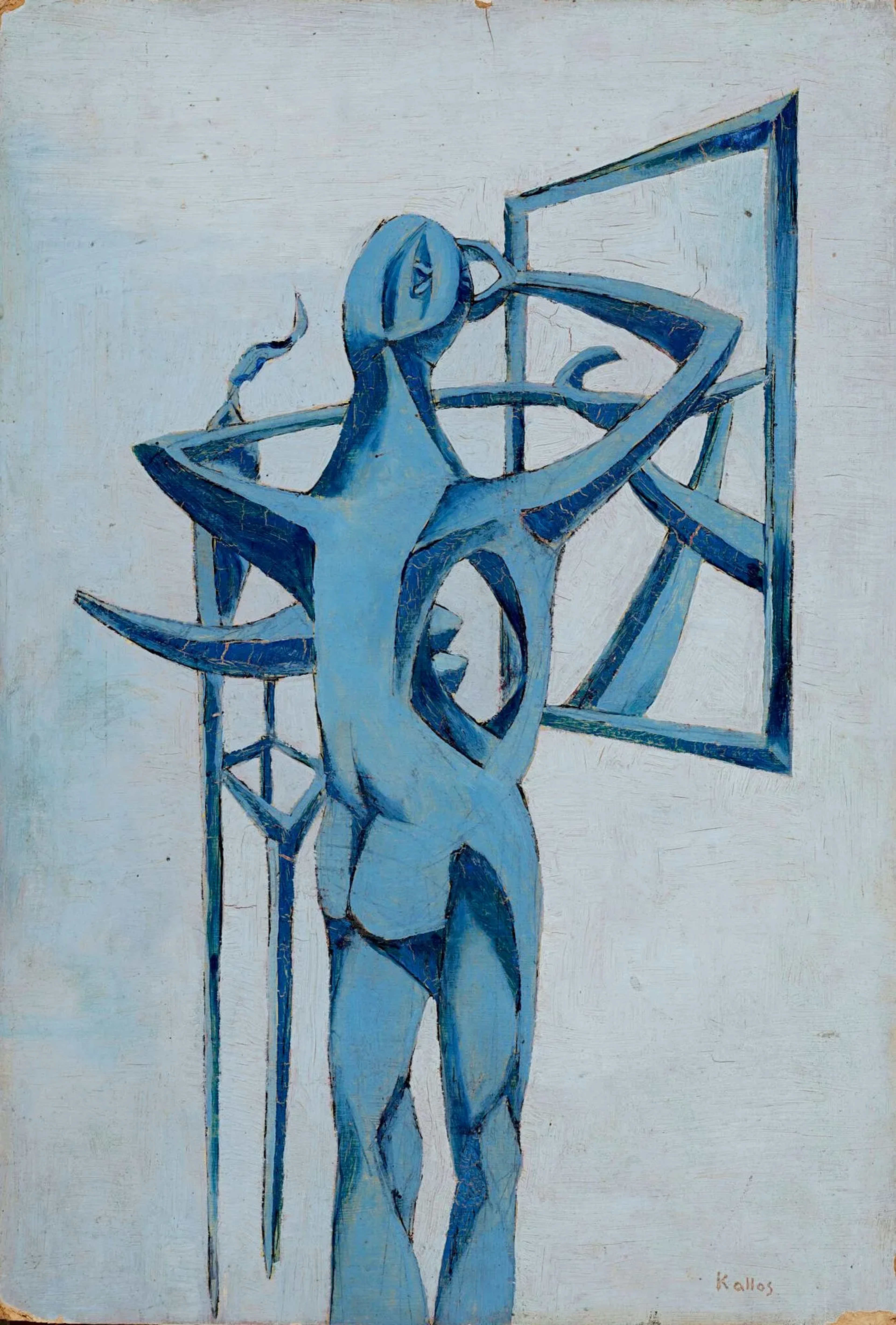 KALLOS Paul, 1928-2001, Figure surréaliste, circa 1950, huile sur carton (petits manques sur les bords), signé en bas à droite, 33x22,5 cm. PROVENANCE: Collection Chantal et Georges Feher