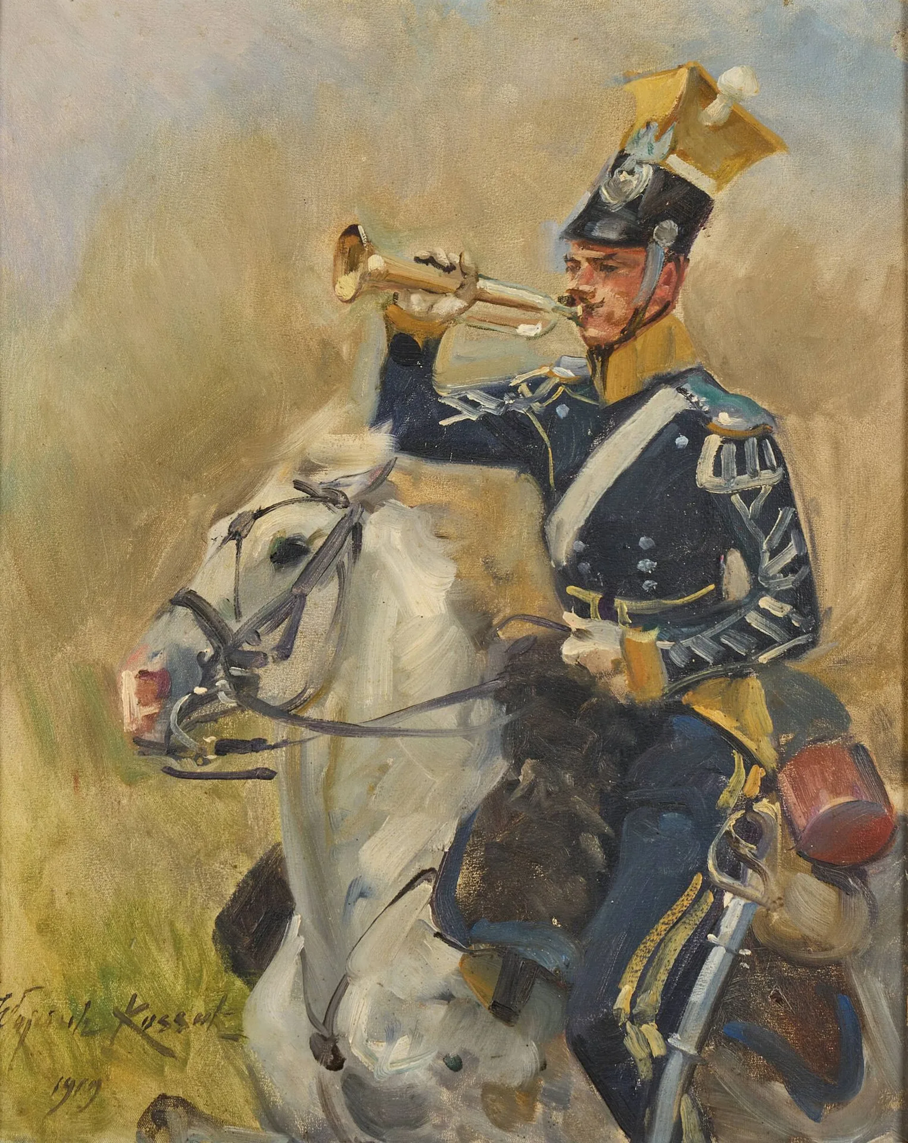 VON KOSSAK Wojciech, 1857-1942 Trompette chargeant, 1919 huile sur carton mince, signé et daté en bas à gauche, au dos du montage une étiquette de la galerie DESA à Varsovie 51x41cm