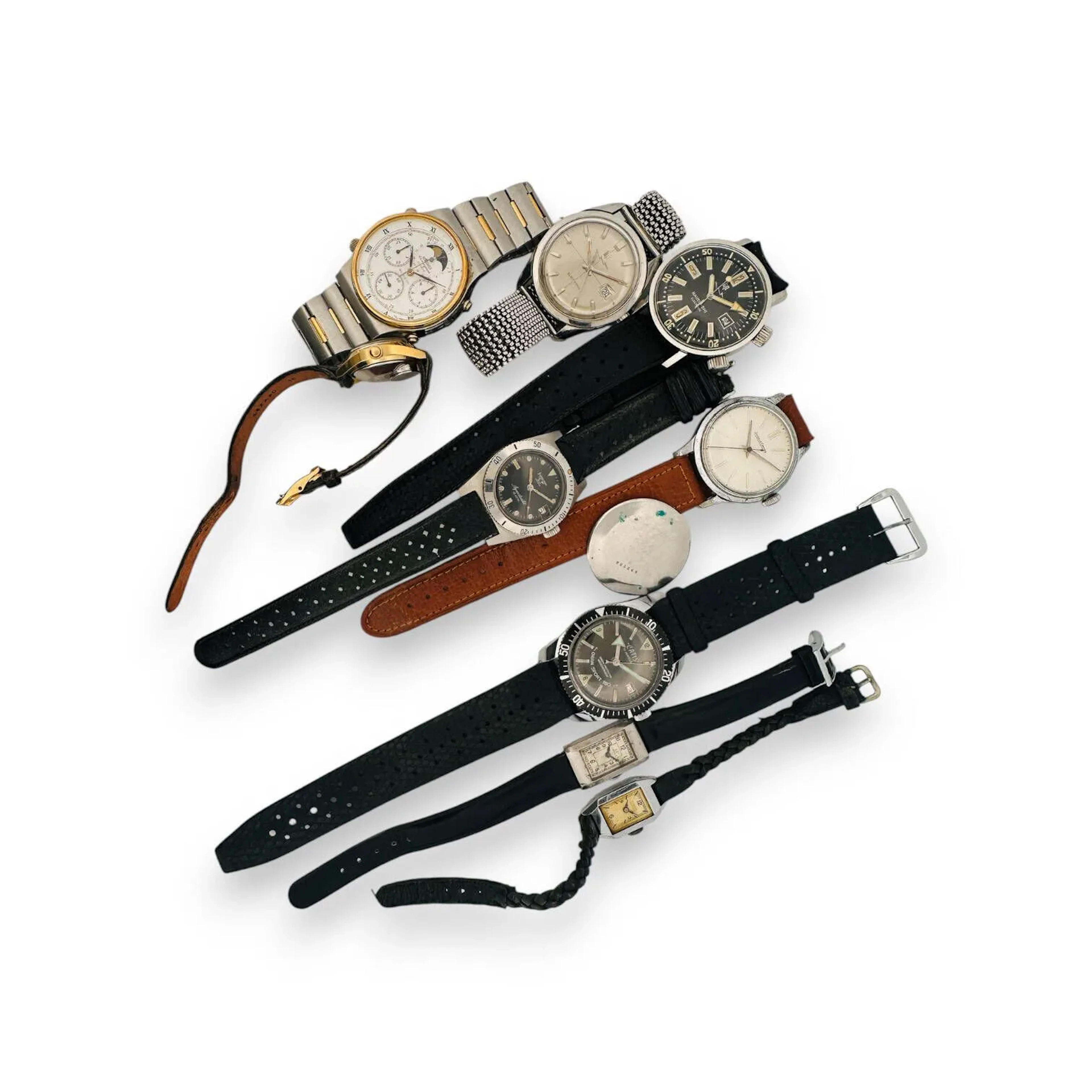 Lot de montres bracelets, marques diverses dont SEIKO, LIP, OMEGA, TIMEX, JEAGER LECOULTRE..., mouvements mécaniques et quartz. Vendues en l'état : accidents divers.