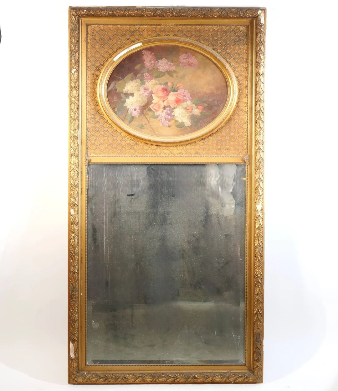 Wood and gilded stucco trumeau, the upper part adorned with - Lot 340