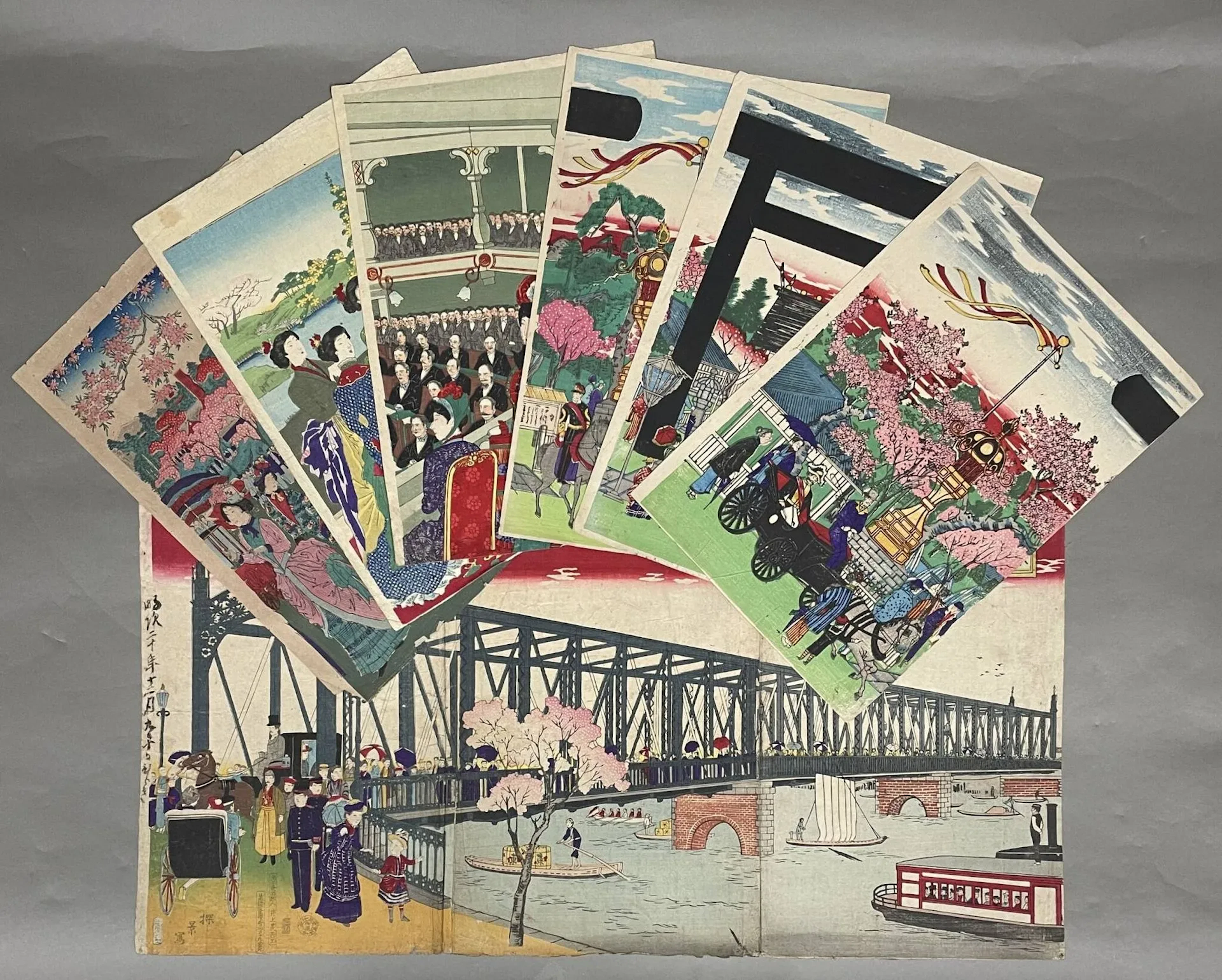 Two triptychs of prints, oban tate-e, including : - Lot 351