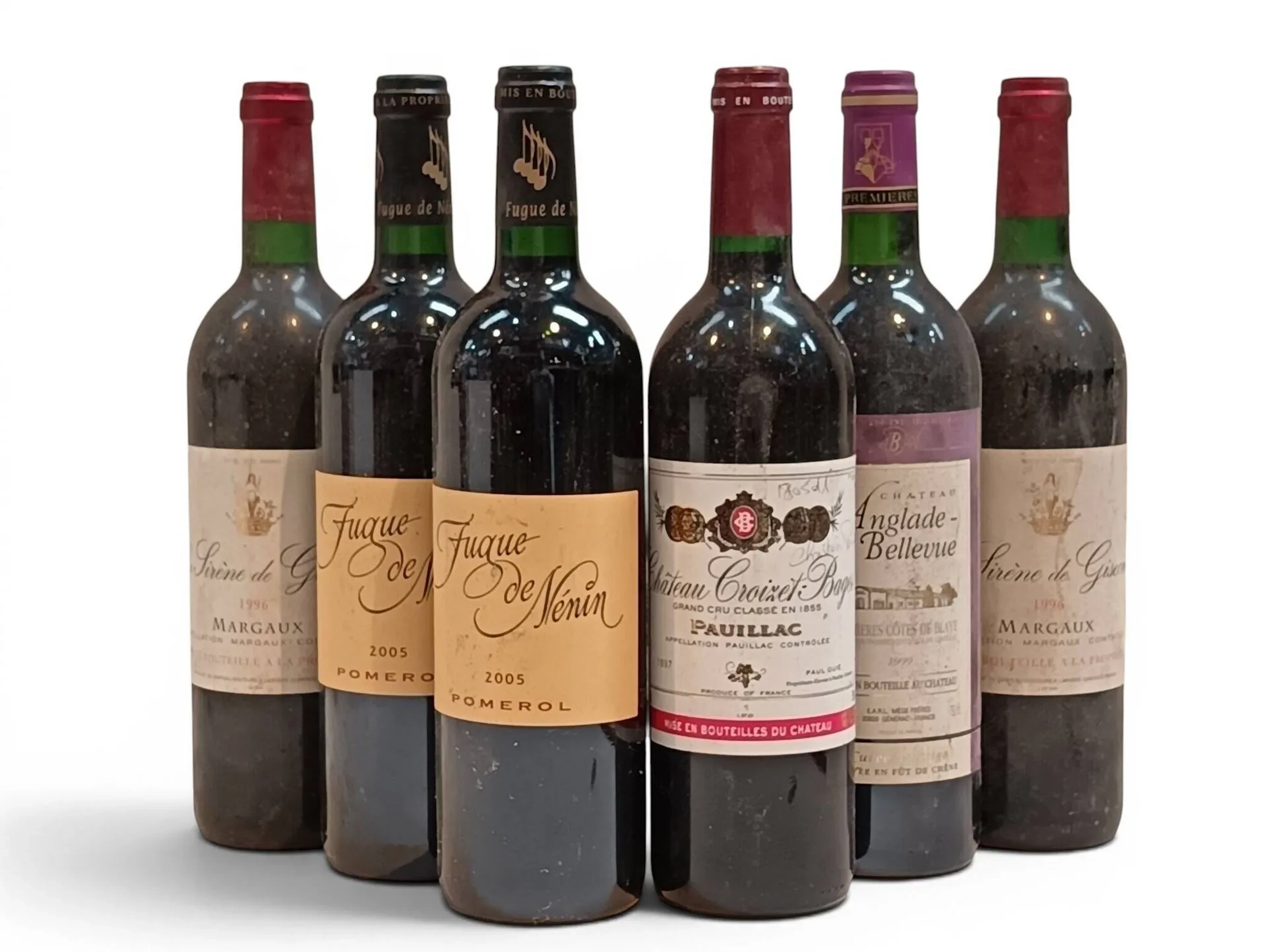 6 Bouteilles BORDEAUX DIVERS dont 2 la Sirène de Giscours 1996, 2 Fugue de Nénin etc.. Expert: Ambroise de Montigny