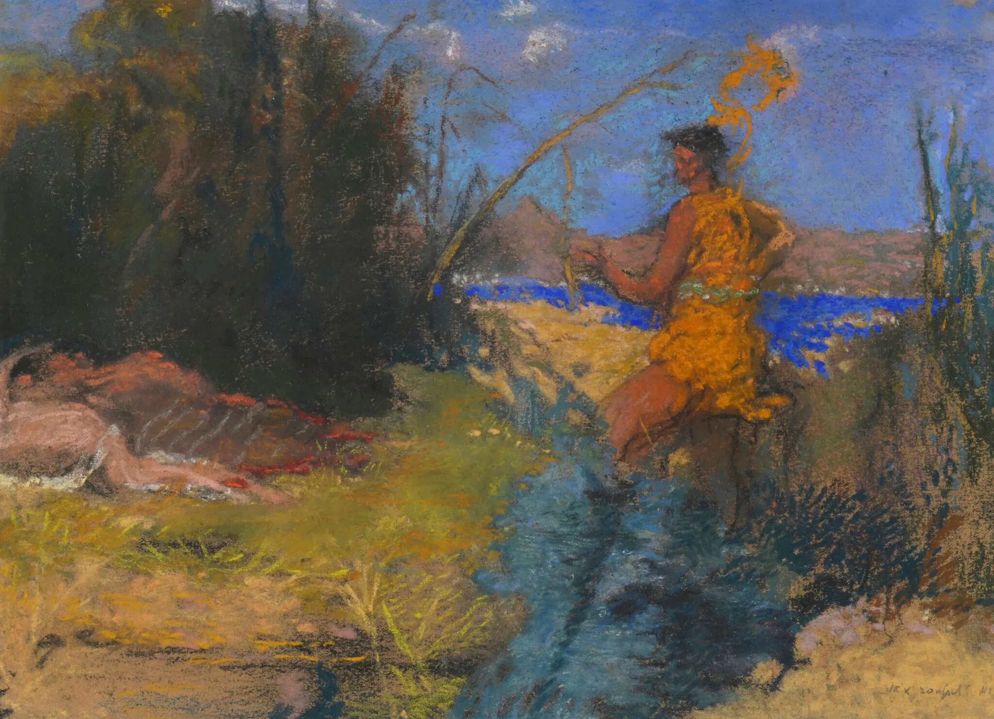 ROUSSEL Ker Xavier, 1867-1944 Surprise, 1941 pastel sur papier, signé et daté en bas à droite, au dos du montage une étiquette de la galerie Louis Carré avec le titre et la mention: "année 1942, pastel n°9" 23x31,5cm à vue EXPOSITION : Galerie Louis Carré, Paris, K. X. Roussel, Mythologies, Petites variations au pastel, 15 janvier - 15 février 1942, n°9. Nous remercions M. Chivot pour les informations qu'il nous a aimablement transmises.