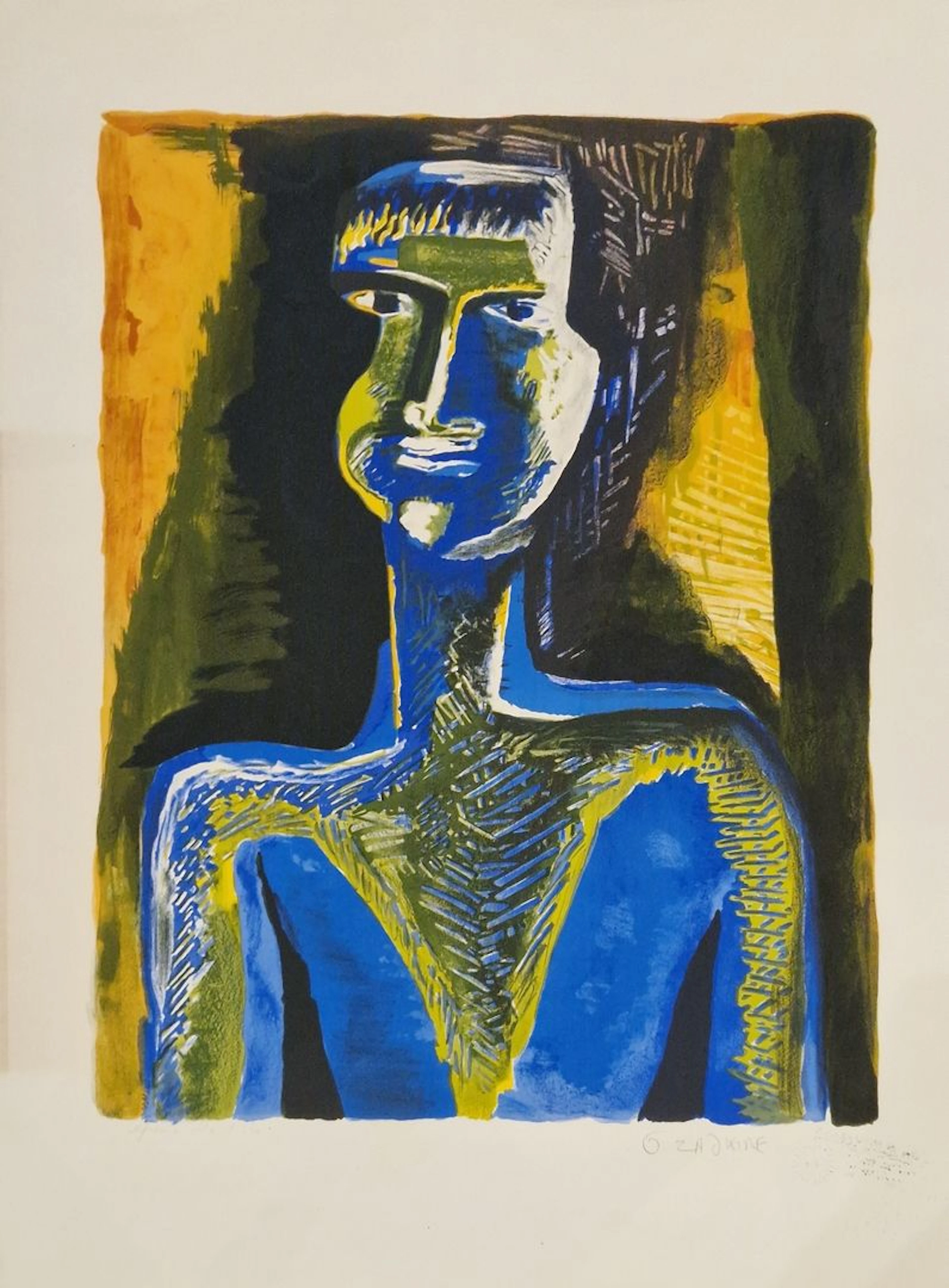 ZADKINE Ossip (1890-1967) La negresse Lithographie en couleurs, épreuve d'artiste, signée en bas à droite avec le cachet à sec d'atelier, au dos cachet Vision nouvelle et un cachet des douanes légère insolation, infimes rousseurs en marge 76 x 58 cm NB : cette lithographie est tirée de la gouache de 1964 du même titre, conservée au Musée Zadkine.
