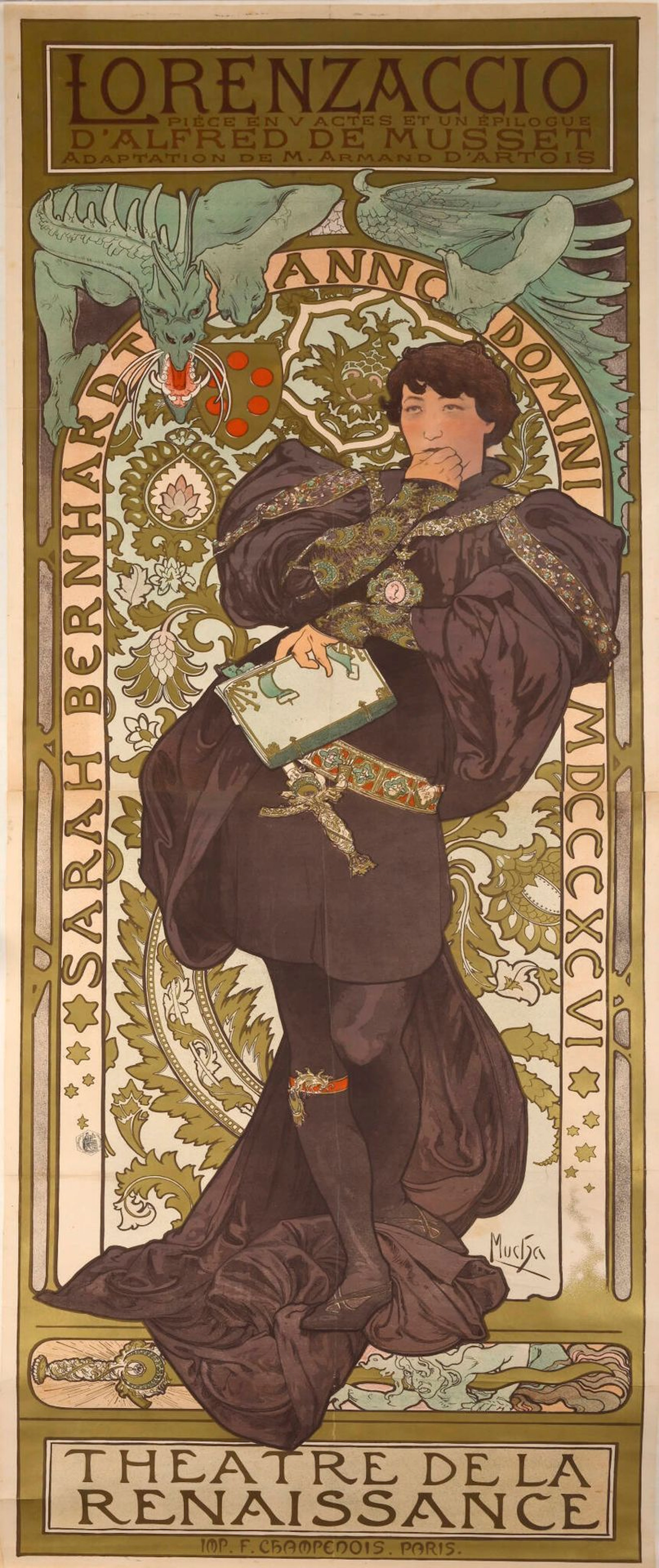 MUCHA Alphonse. Lorenzaccio. 1896. Affiche lithographique en deux feuilles. Signée dans la planche en bas à droite. Imp. F. Champenois – Paris. Entoilée, bon état général de l’affiche : bel aspect de l’image, les ors ont été partiellement retouchés, une cassure et une déchirure restaurées dans la partie inférieure de l’affiche, petites déchirures le long des anciens plis médians, le bas du visage de Sarah Bernhardt habilement restauré . Couleurs vives et fraîches. 205,5 x 74 cm Bibliographie : Jack Rennert et Alain Weill. Alphonse Mucha. Toutes les Affiches & Panneaux. Henri Veyrier Paris 1984. Pages 107 et 109.