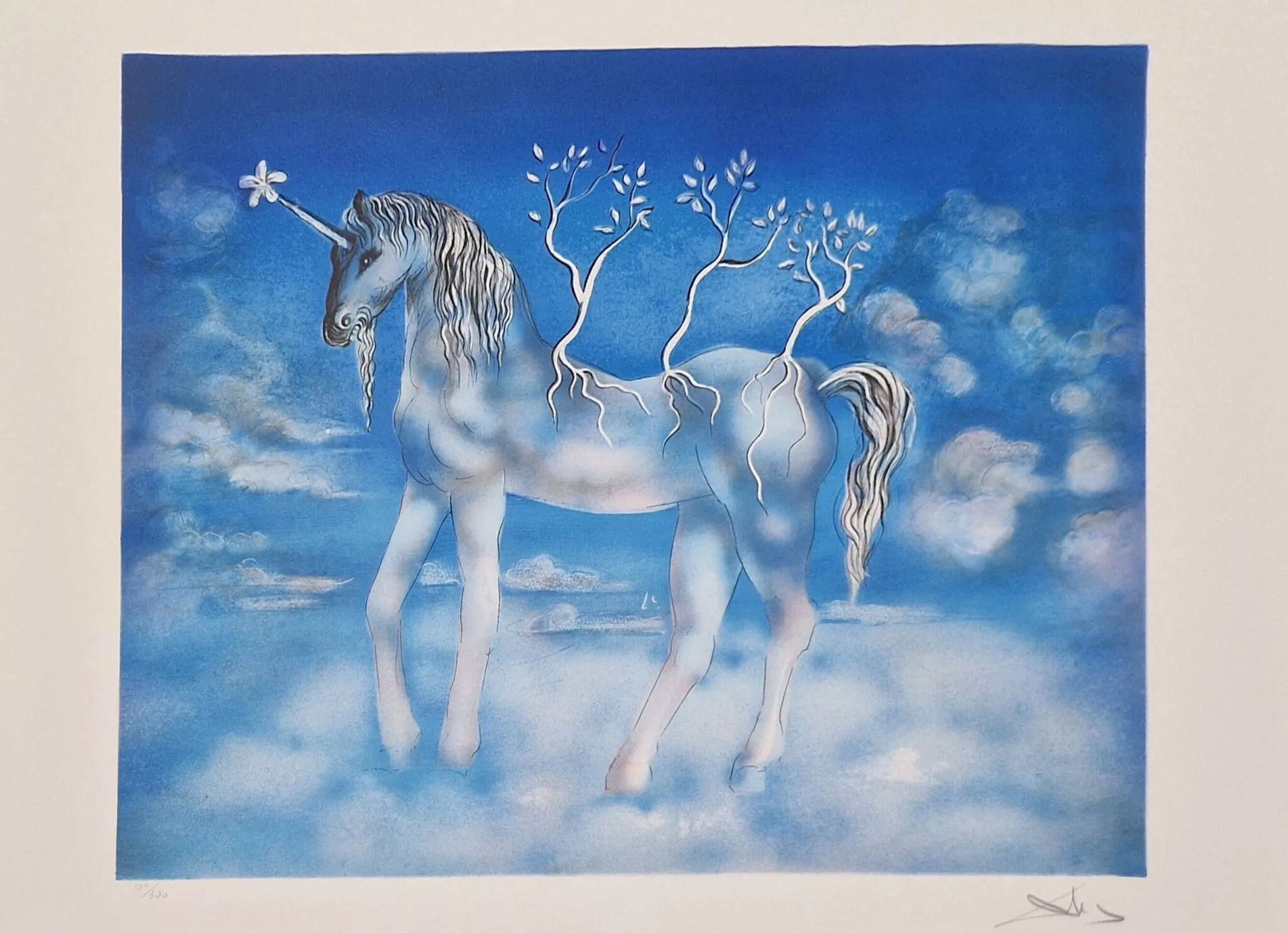 DALI Salvador, d'après, La licorne bleue lithographie en couleurs, 107/300, en bas à droite Dali 56 x 76 cm