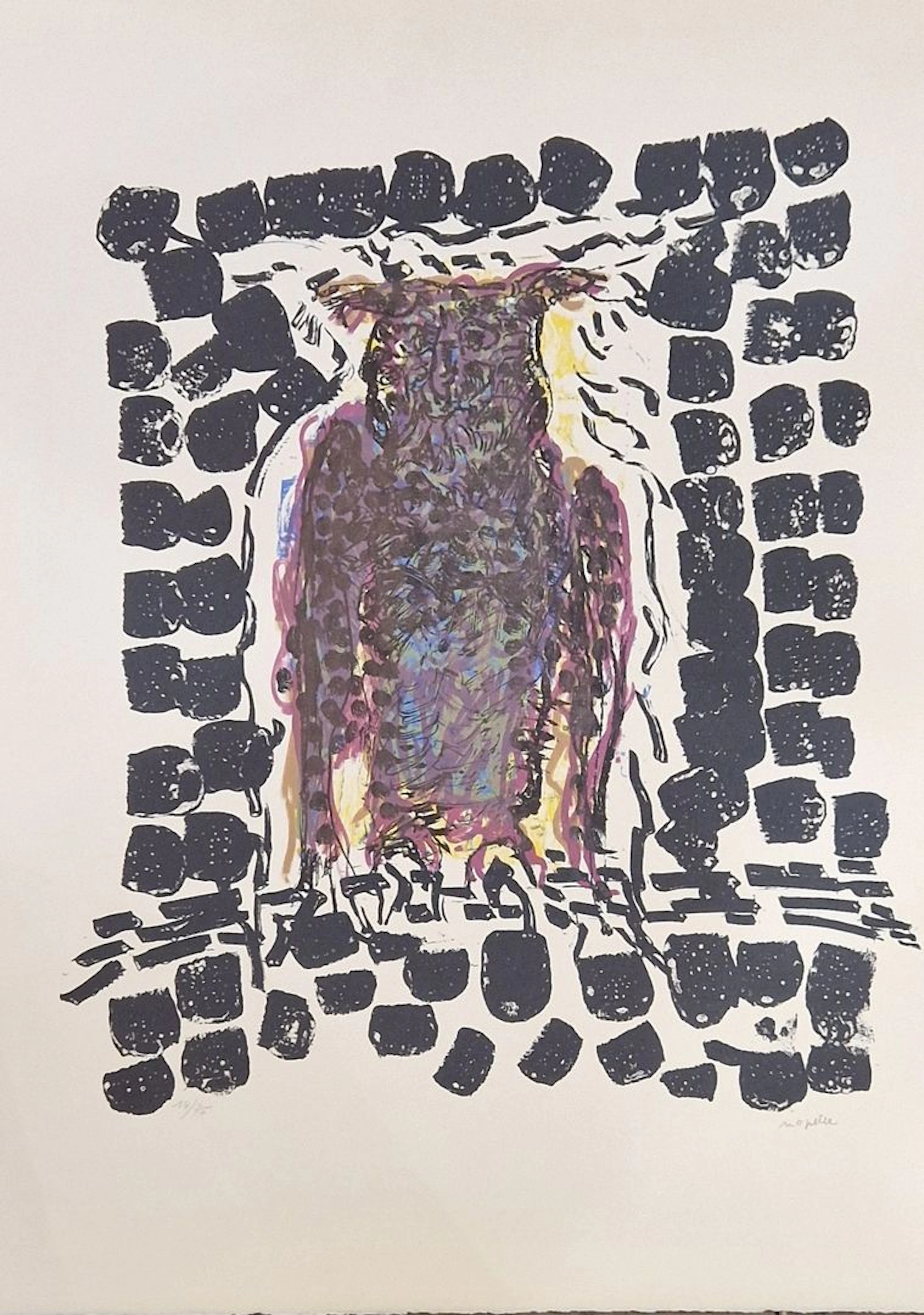 RIOPELLE Jean-Paul (1923-2002) Hibou IX, 1970 Lithographie en couleurs, 14/75, signée en bas à droite feuille : 65 x 48 cm