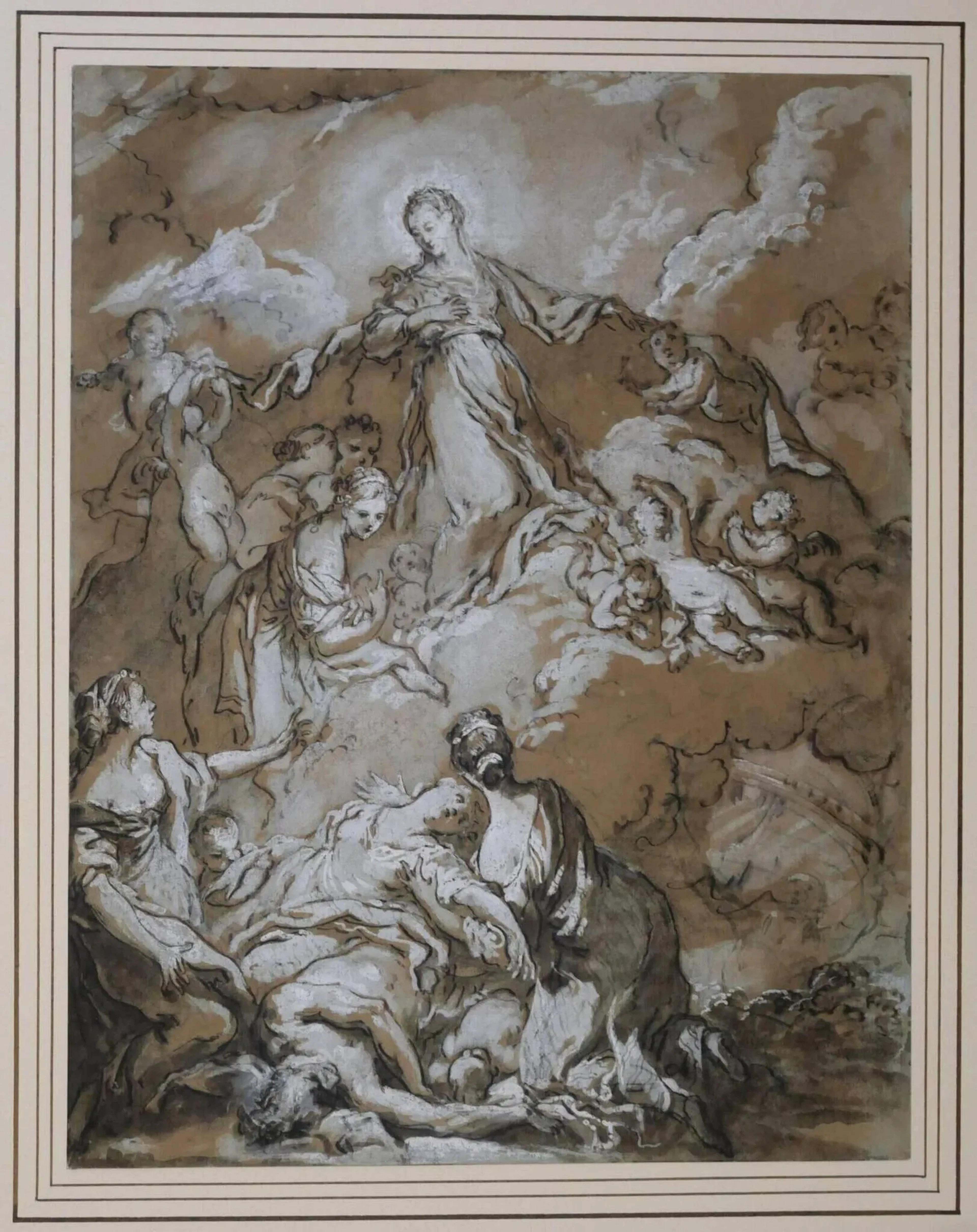 École française, XVIIIe siècle Vierge de consolation Plume, pierre noire, encre brune et lavis brun réhaussé de gouache 362 x 277 mm. Provenance: Chiappetta, Aix-en-Provence, acquis le 25 octobre 1962, ancienne collection Montval ; Collection Paul et Florence Vercier (L. 3607), n°60. Bibliographie : Le dessin [XVIe – XXe siècle] à travers une collection havraise, 1987, n°45. Une attribution à Natoire a été proposée pour ce dessin