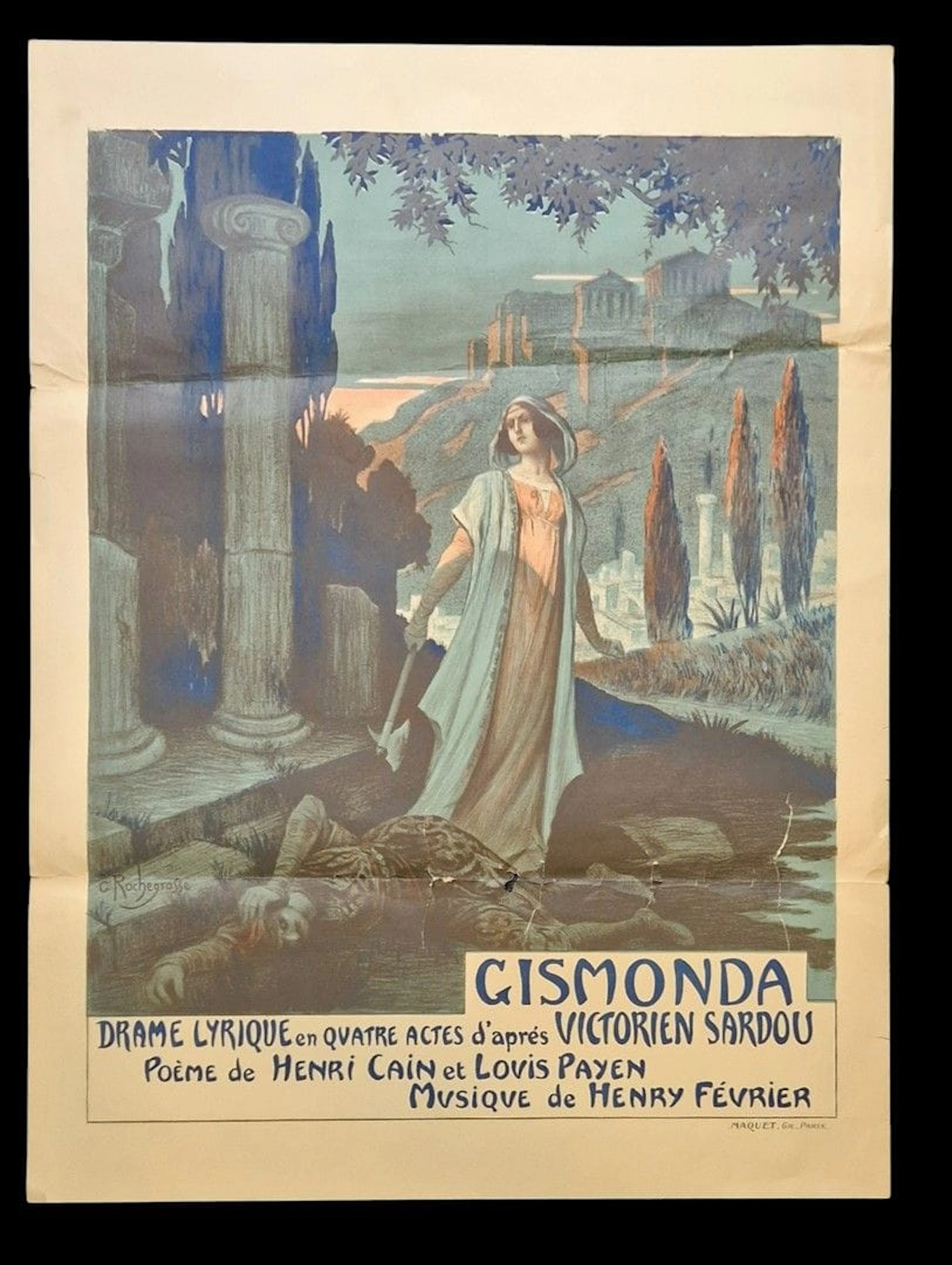 Henry FÉVRIER, Gismonda Affiche par Georges Rochegrosse, signée en bas à gauche. Lithographie en couleurs. Imp. Maquet, Paris. Drame lyrique en quatre actes d'après Victorien Sardou. Poème de Henry Cain et Louis Payen. Musique de Henry Février. Cet opéra a été créé à Chicago le 14 janvier 1919, et donné à l'Opéra-Comique le 15 octobre 1919. Dim. : 90 x 68 cm. Non entoilée. Plis marqués, déchirures. Bibliographie : reproduite p. 27 dans le livre French Opera Posters 1868-1930, Lucy Broido - Dover Publications New-York 1976.