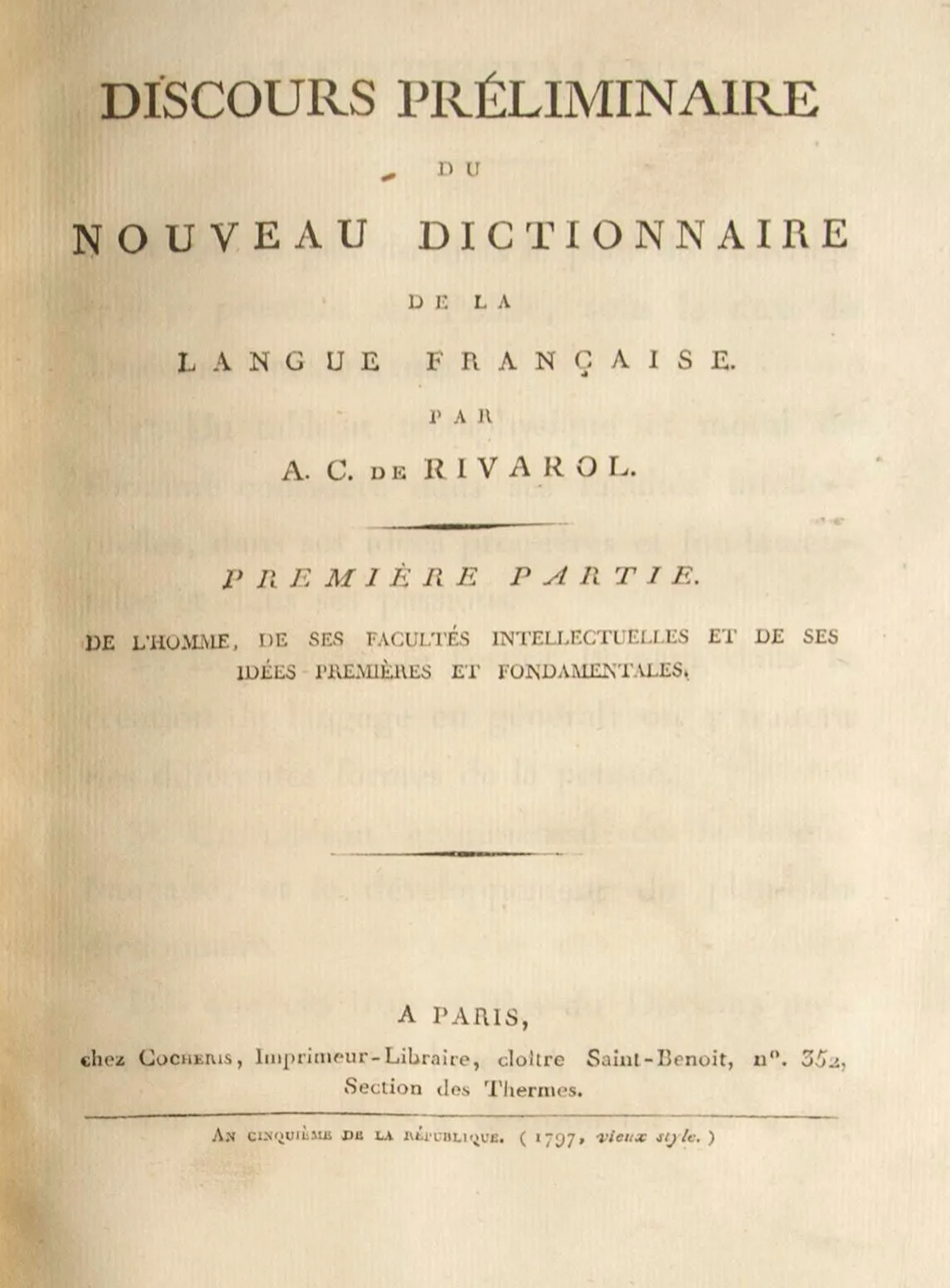 RIVAROL (Antoine, comte de). Discours préliminaire du Nouvea - Lot 173