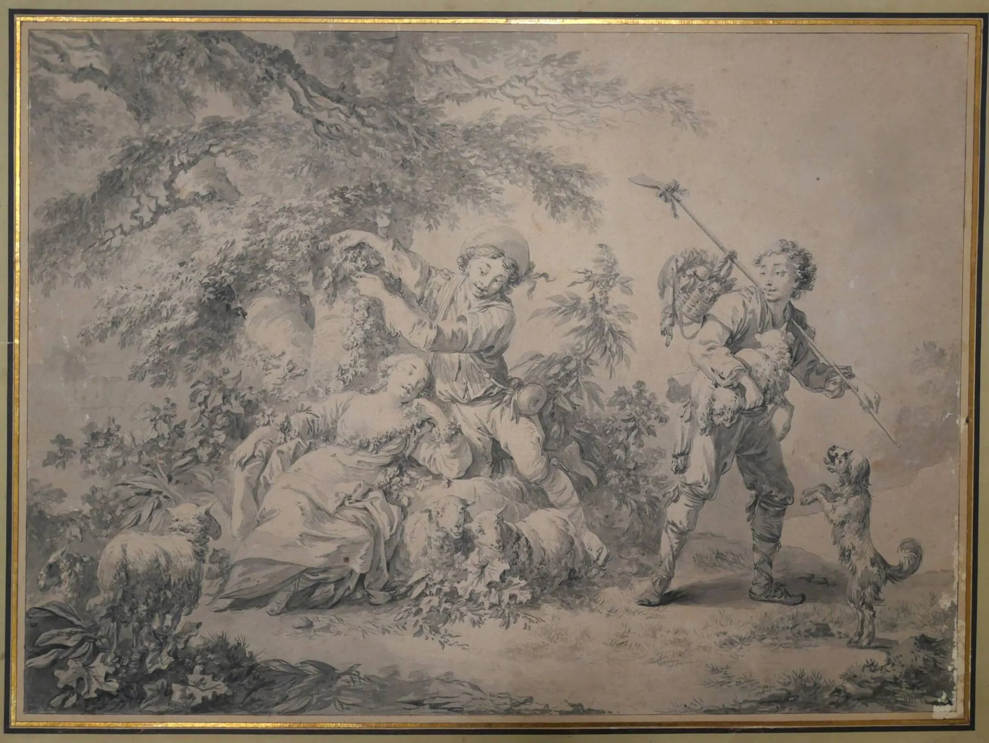 École française du XVIIIe siècle Deux bergers, une bergère endormie Pinceau, lavis d'encre noire sur traits de crayon. Papier beige collé en plein. Montage ancien. 400 x 550 mm Bibliographie : Le dessin [XVIe – XXe siècle] à travers une collection havraise, 1987, n°112. Provenance: Naudet, Aix-en-Provence, acheté le 3 avril 1972; Collection Paul et Florence Vercier (L. 3607), n°311 (marque en bas à gauche). Des attributions à J.B. Le Prince et Henrick Meyer ont été proposées pour ce dessin.