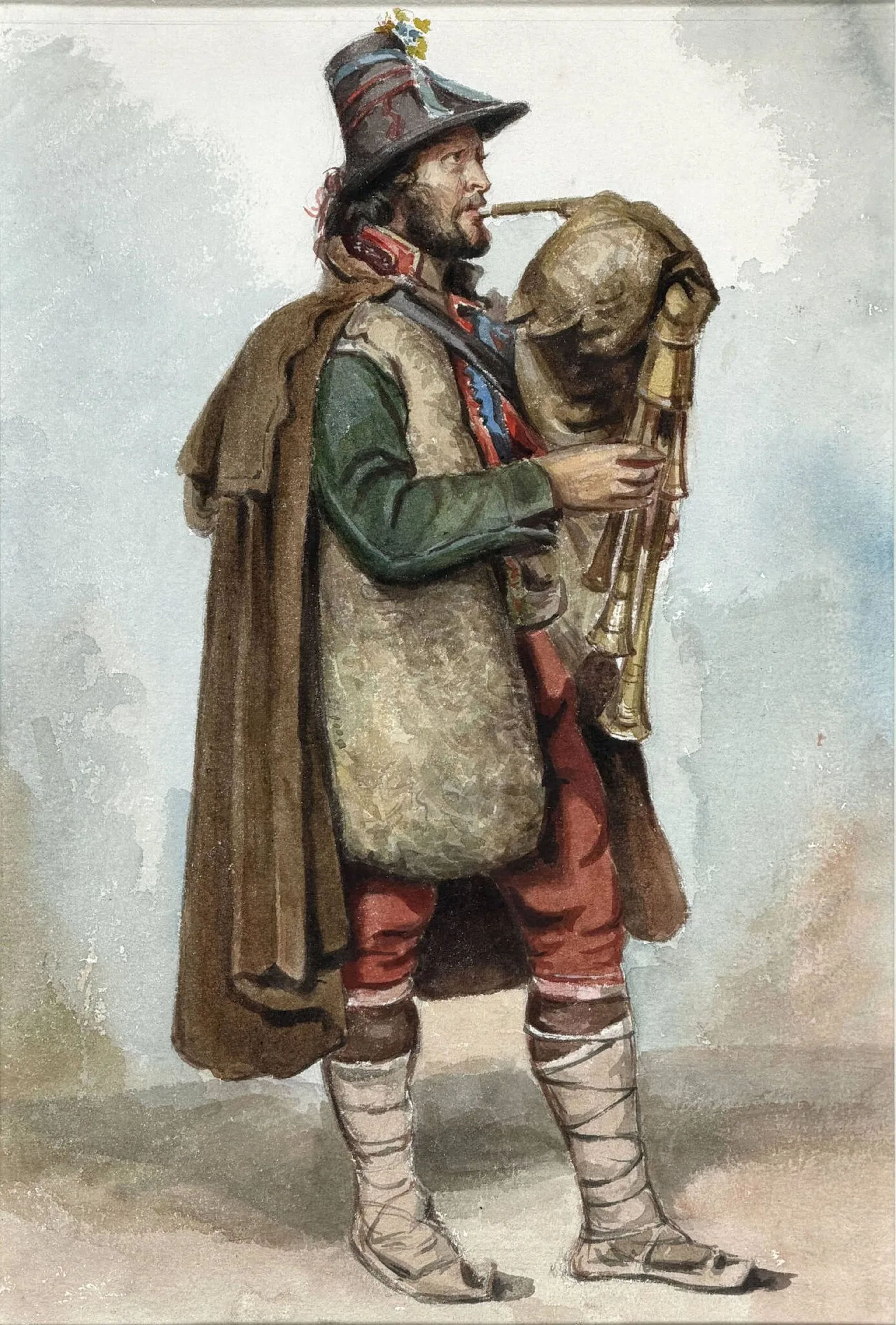 ÉCOLE ROMANTIQUE d'après Dominique PAPETY, Pifferaro jouant de la Zampogna, aquarelle, non signée, 29x19,5 cm à vue.