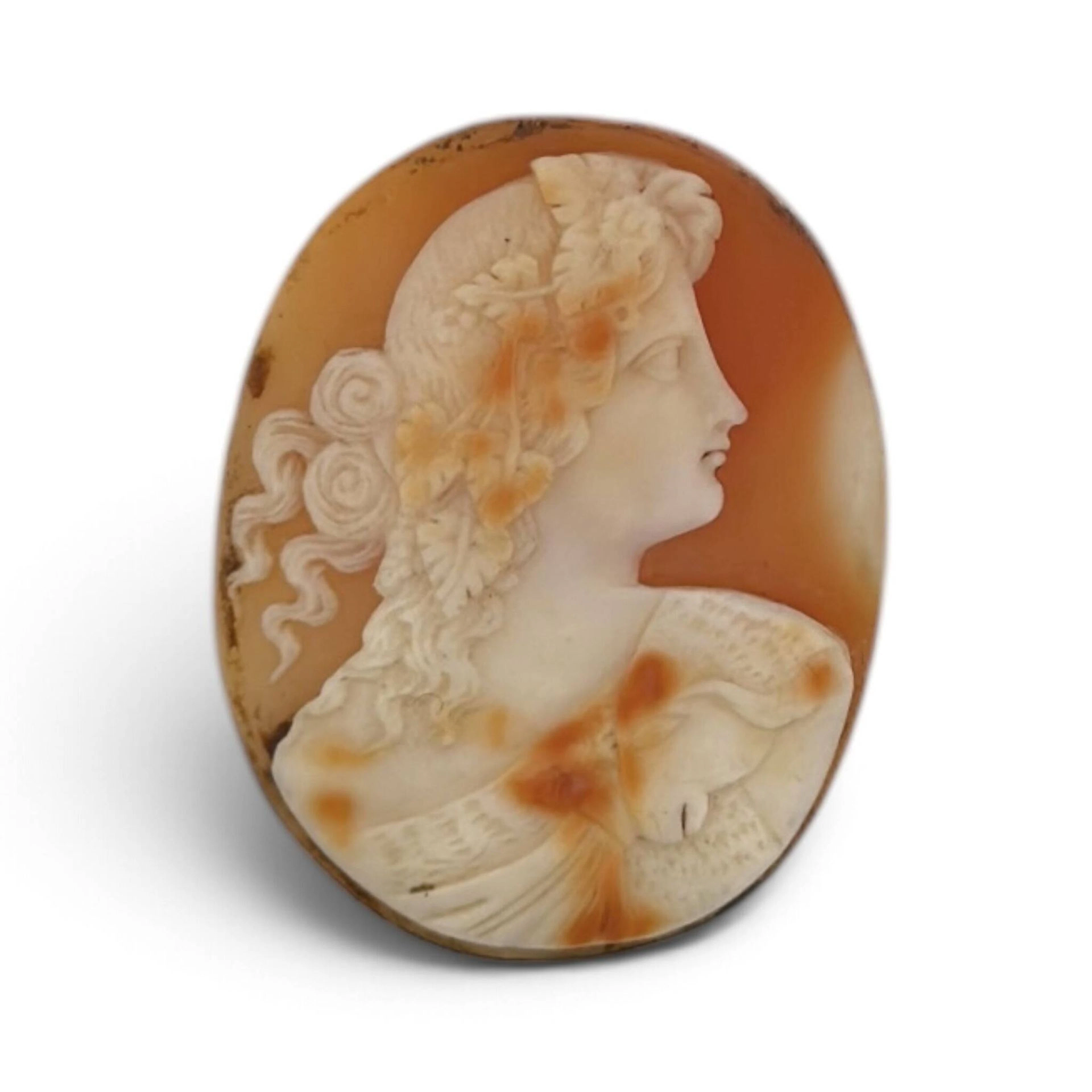 Oval shell cameo depicting the profile of a woman wearing a - Lot 165
