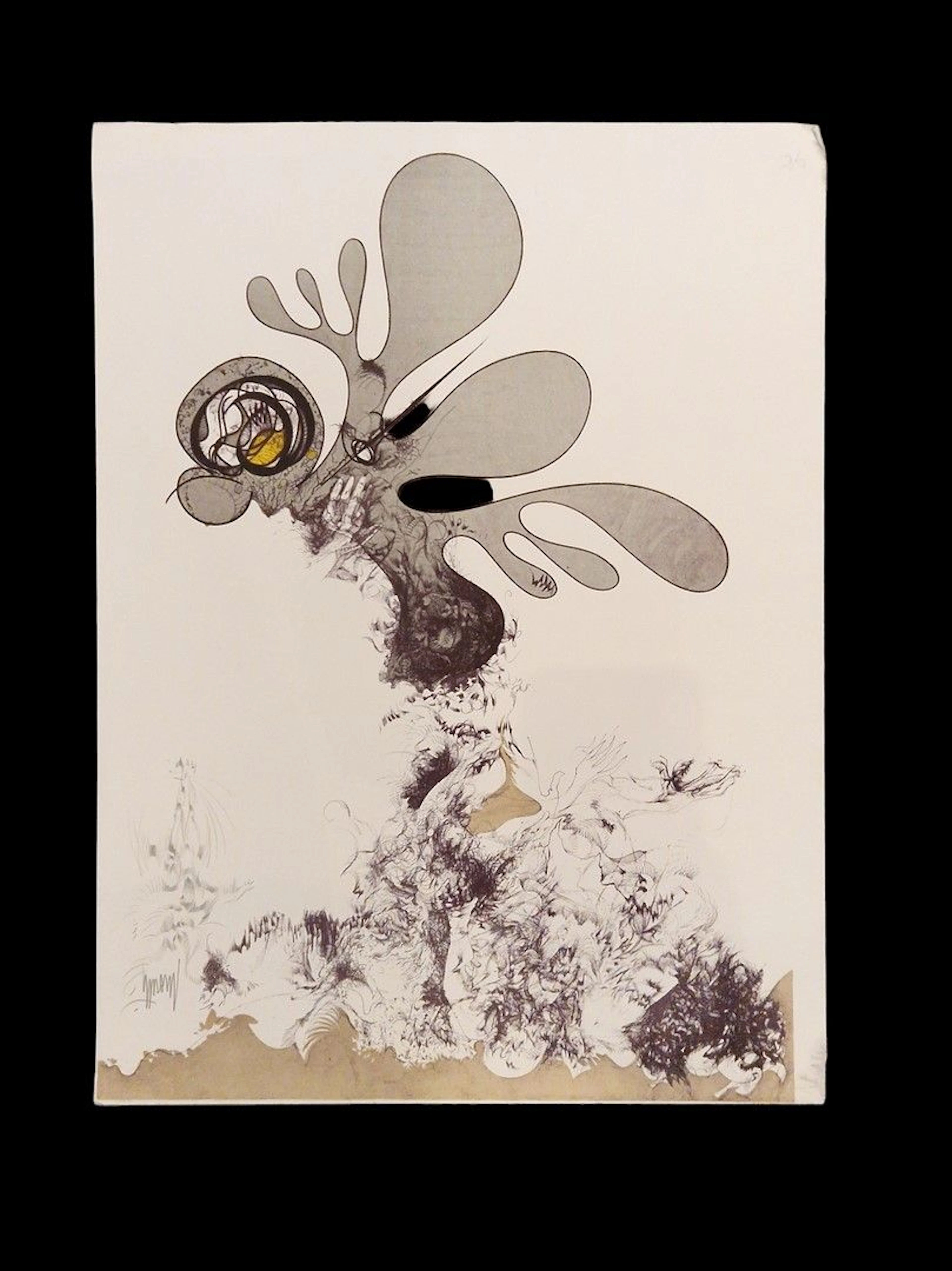 MORETTI Raymond (1931-2005) Composition, 1974 Lithographie, D/E, signée en bas à droite, extraite d'une série intitulée "La rue Saint Denis", de 1974, texte de Joseph Kessel traces de plis 65 x 50 cm