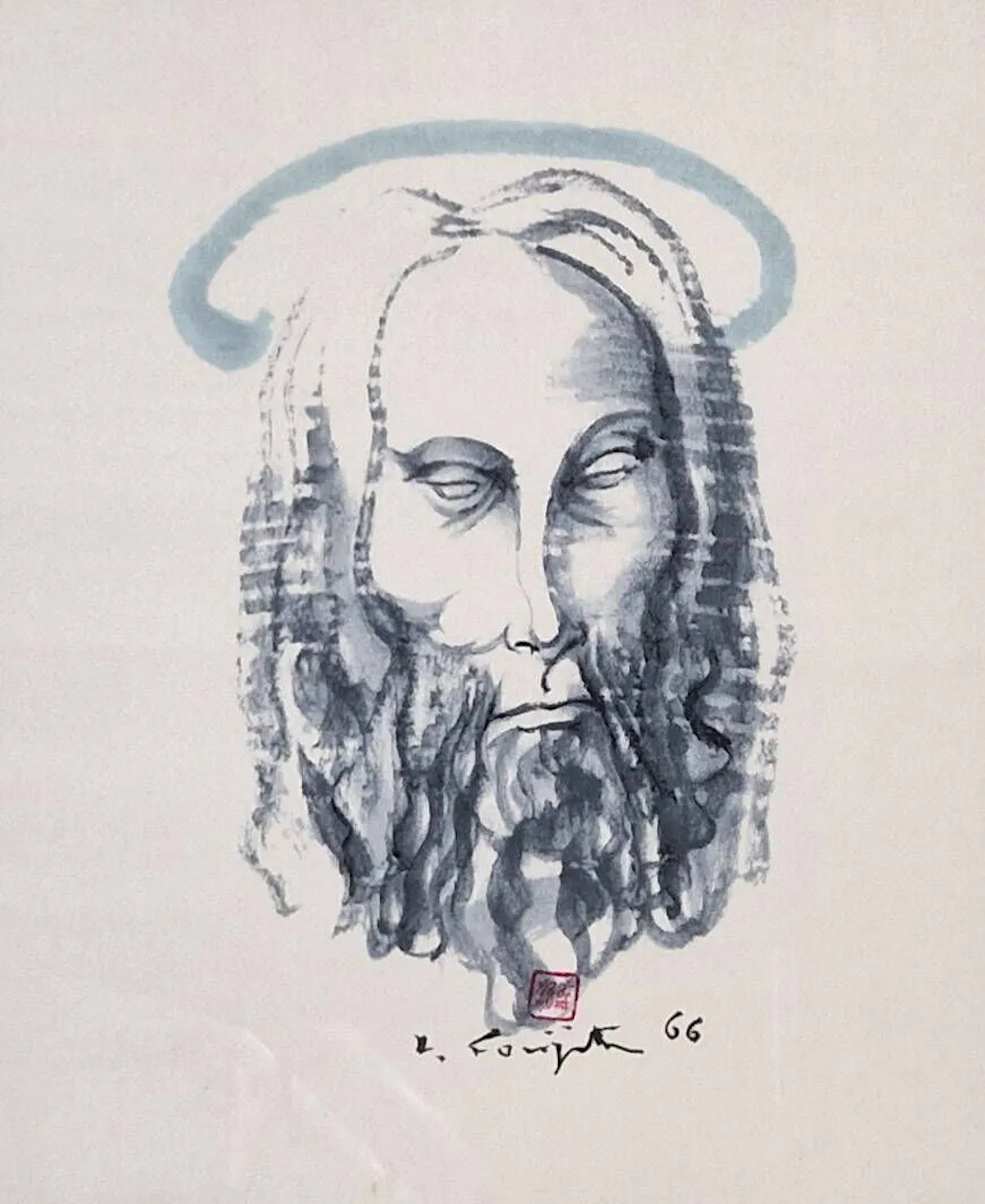 FOUJITA Léonard Tsuguharu, d'après, Tête de Christ, impression sur soie, signée et datée en bas au milieu dans la planche, 30,5x25,5 cm à vue.