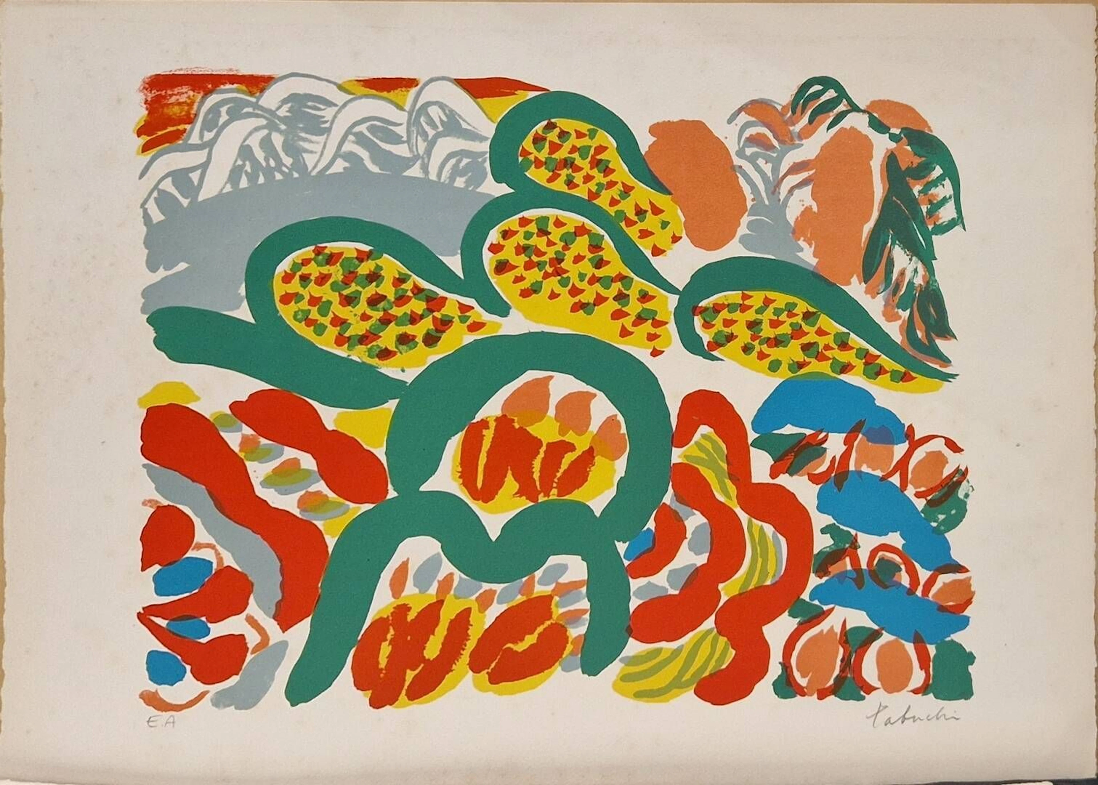 TABUCHI Yasse (1921-2009) Au loin de la mer, Lithographie en couleurs, EA, signée en bas à droite, édition Jacques Putman suite Prisunic rousseurs 49 x 66 cm